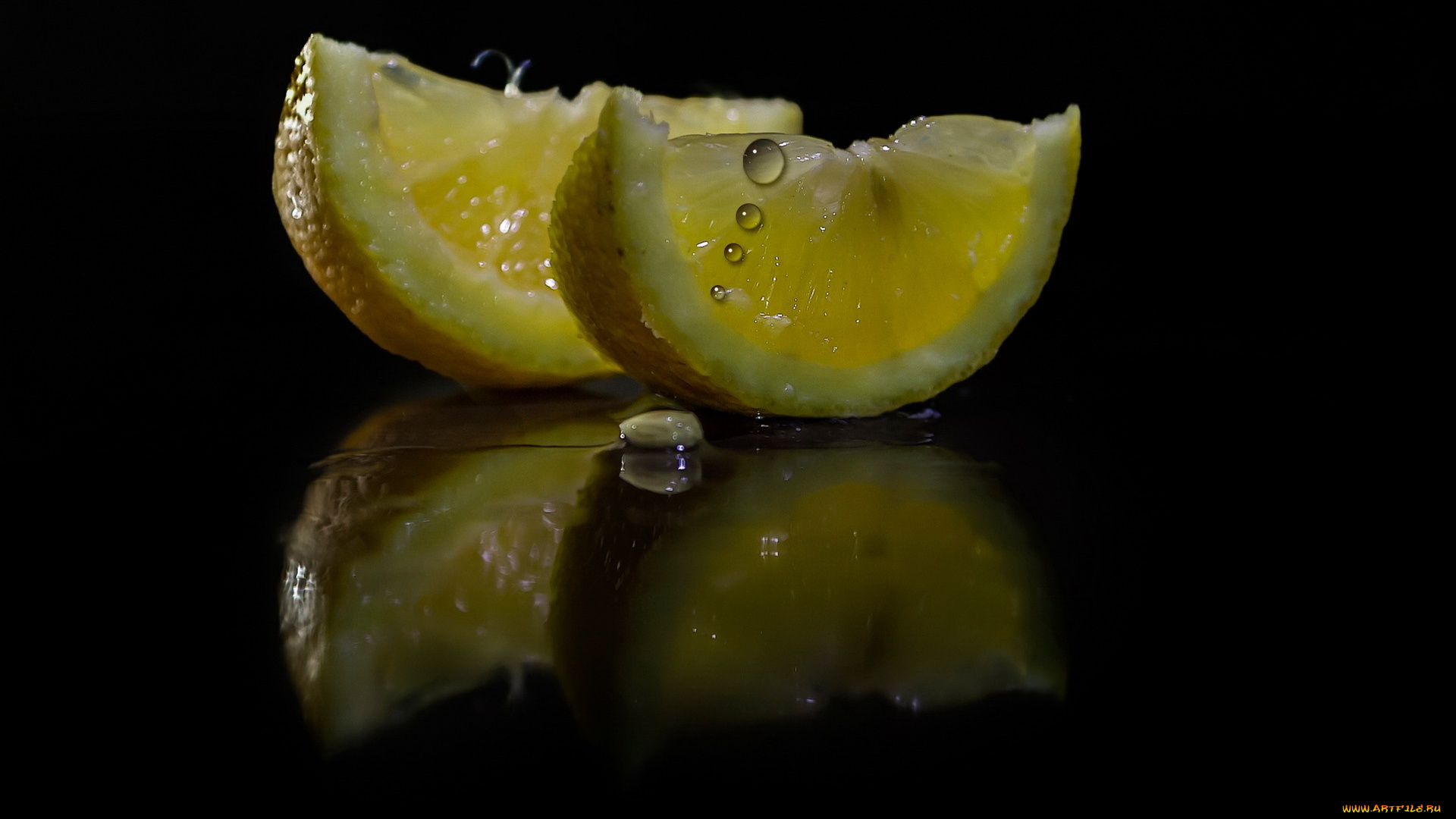 еда, цитрусы, капли, отражение, темный, фон, лимон, сок, дольки