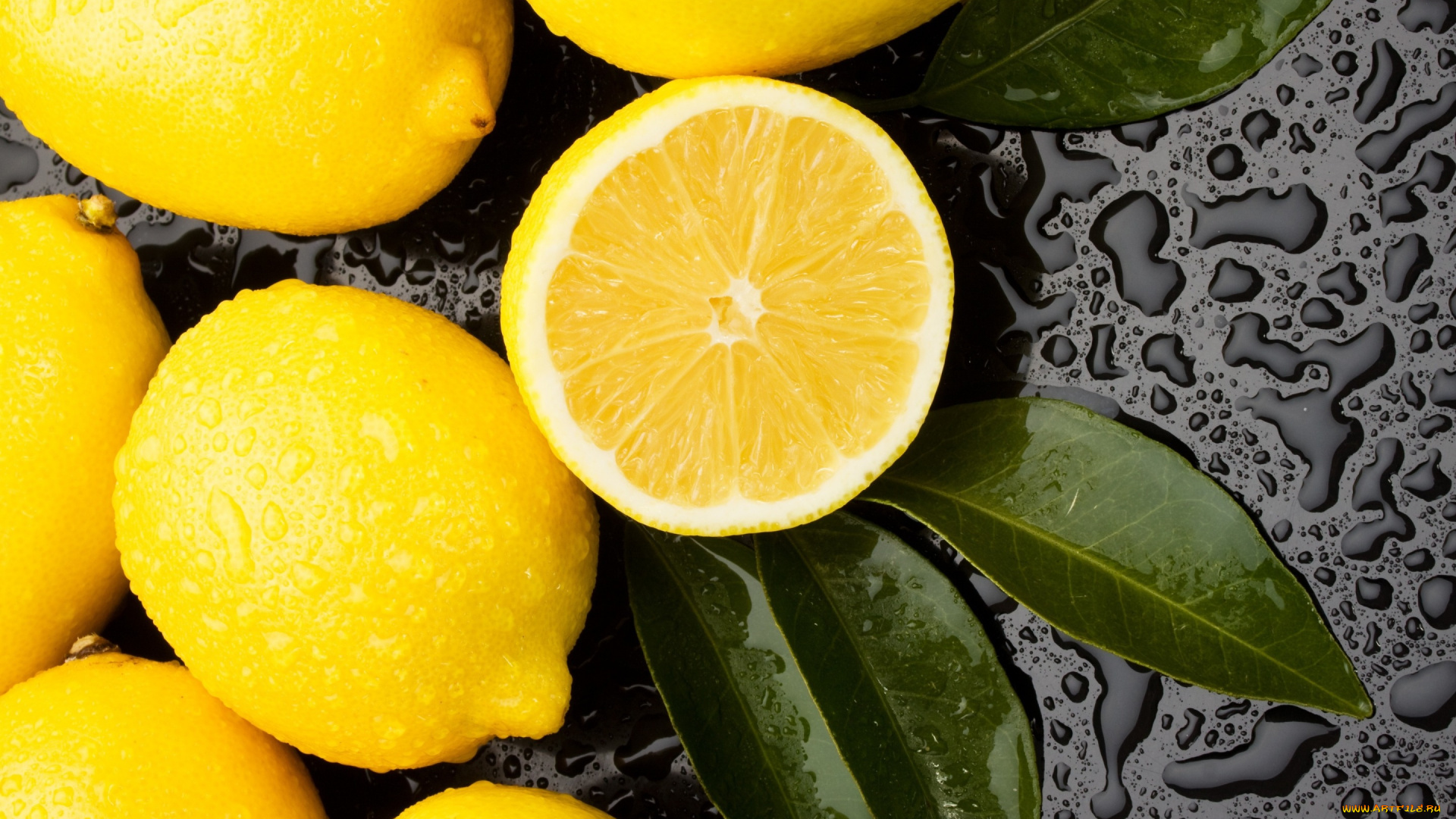 еда, цитрусы, лимон, листья, капли