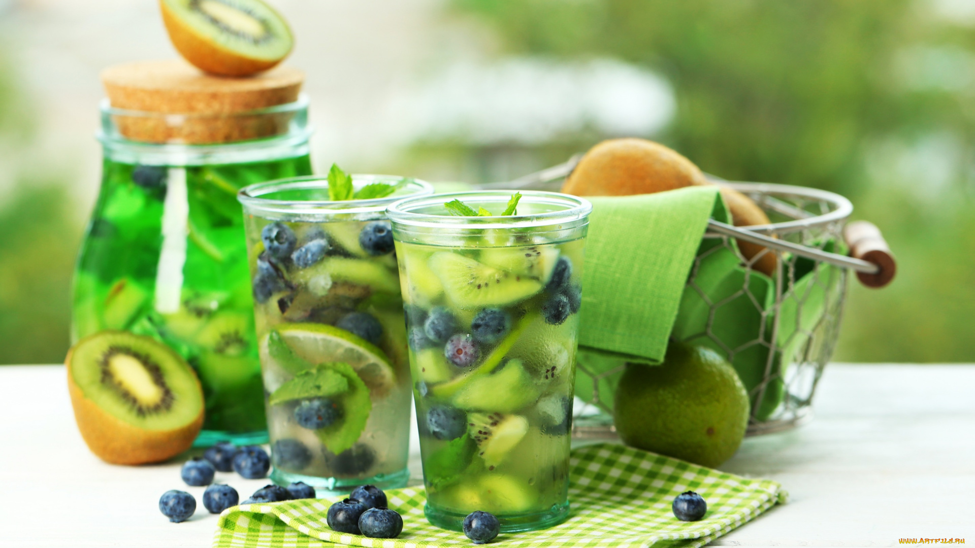 еда, фрукты, , ягоды, мята, напиток, коктейль, черника, киви, лимон, лимонад