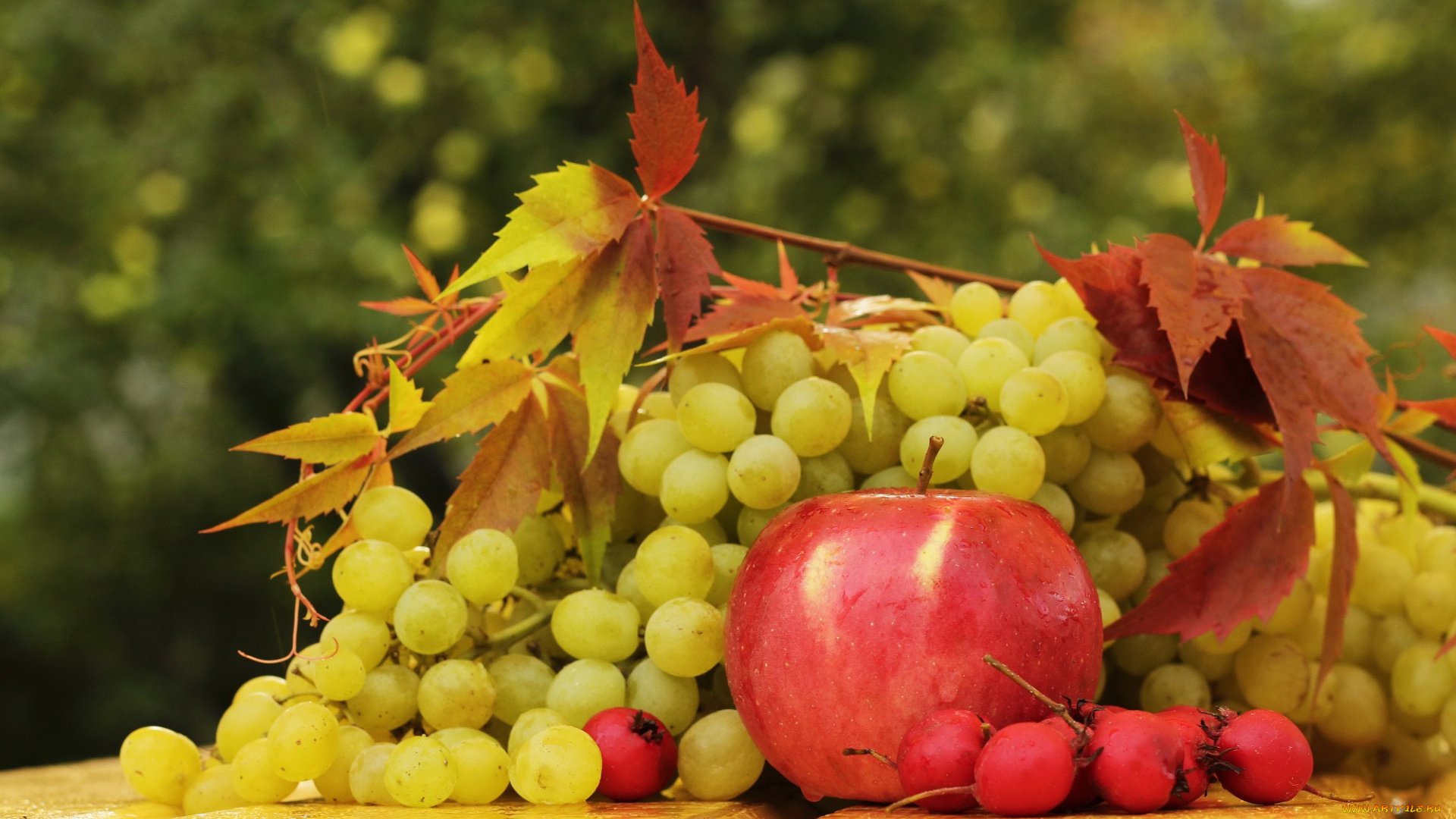 еда, фрукты, , ягоды, виноград, кисть, спелый, листья, яблоко