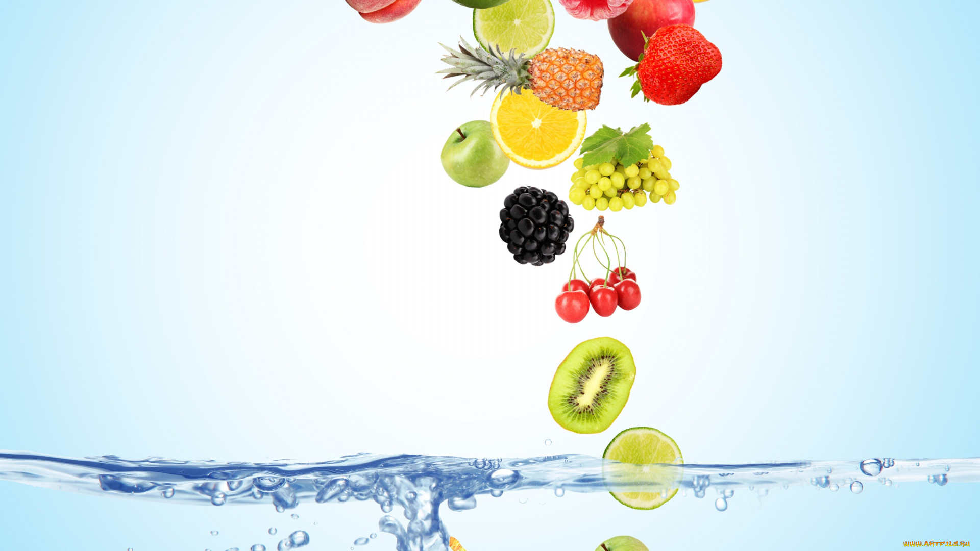 еда, фрукты, , ягоды, вода, пузырьки, вишня, ягоды, малина, фон, голубой, лимон, яблоки, кокос, киви, клубника, виноград, сверху, лайм, персики, падают