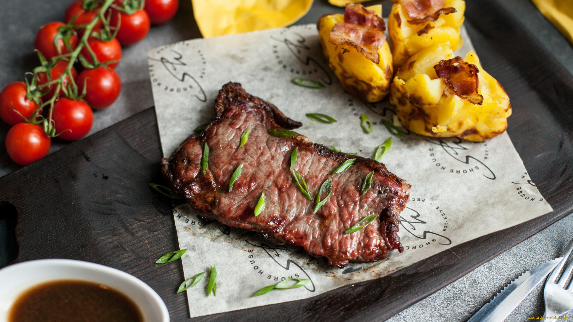 еда, мясные, блюда, соус, картофель, стейк, помидоры, томаты