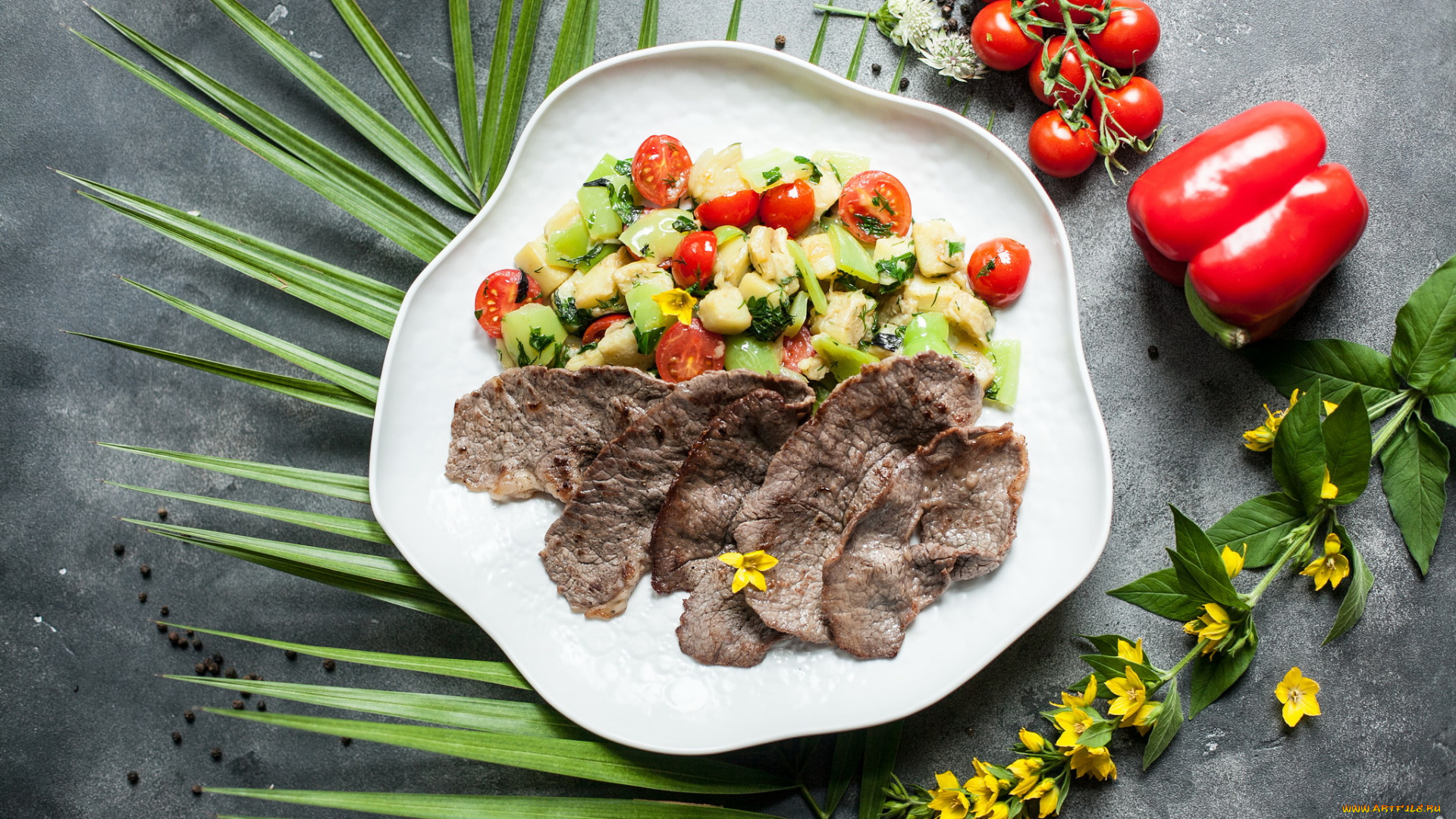 еда, вторые, блюда, томат, перец, салат, мясо, помидоры