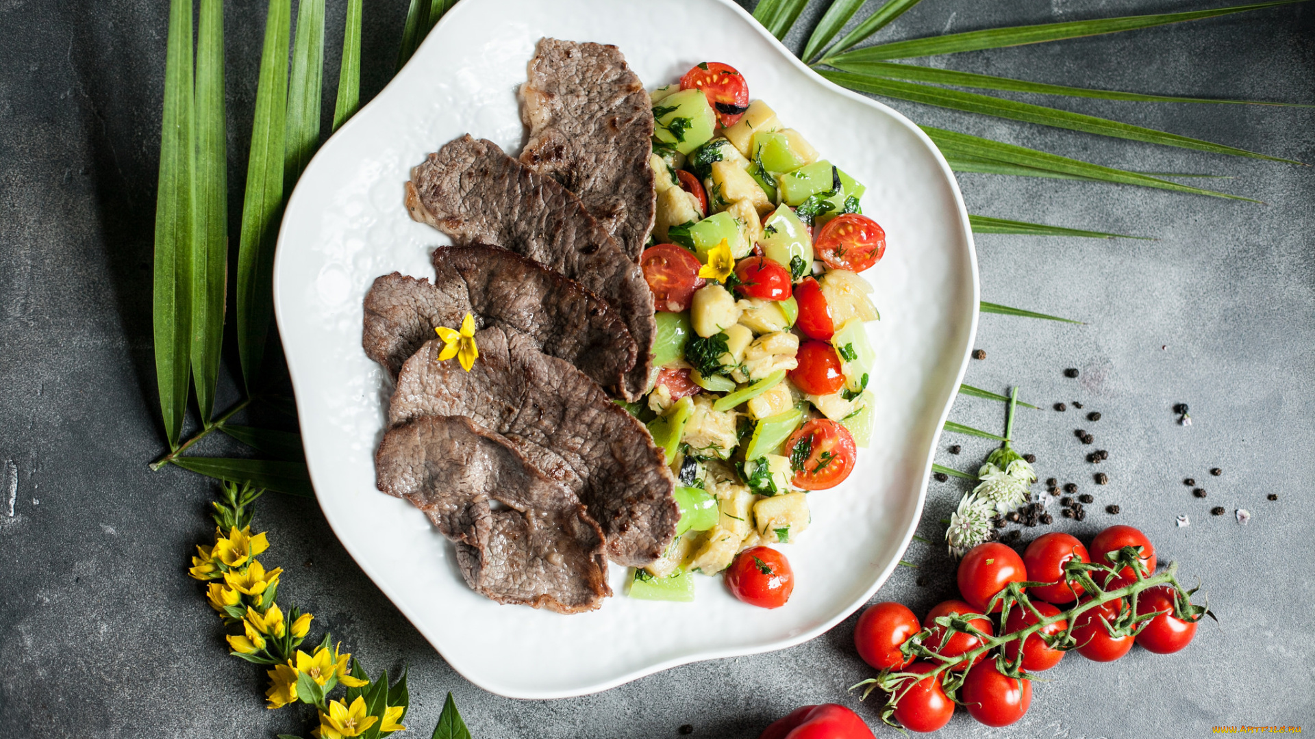 еда, вторые, блюда, томат, перец, салат, мясо, помидоры