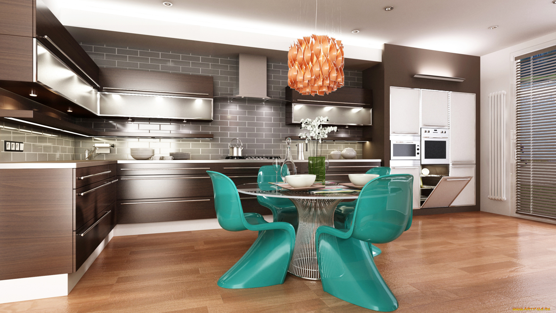 интерьер, кухня, fruit, lamps, chairs, furniture, мебель, стулья, светильники, фрукты, kitchen