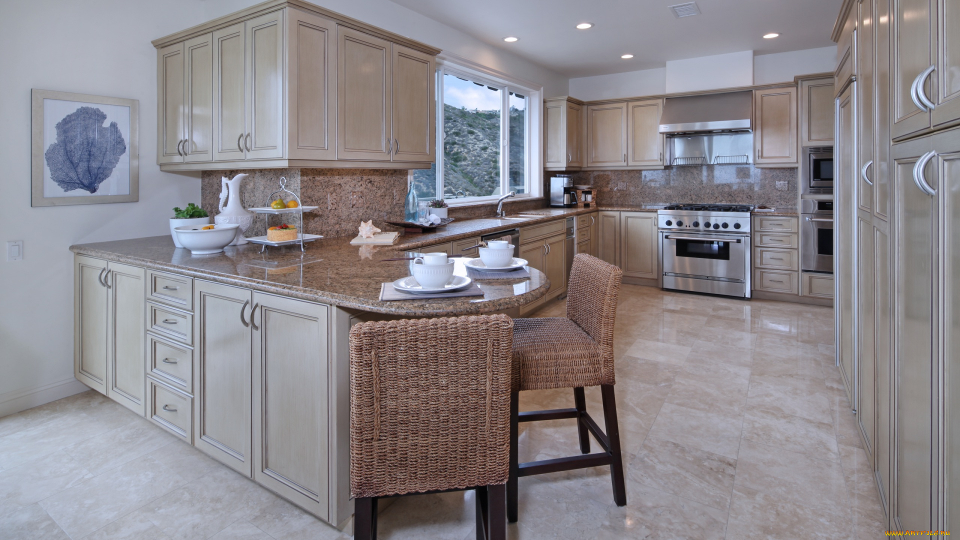 интерьер, кухня, мебель, стулья, фрукты, светильники