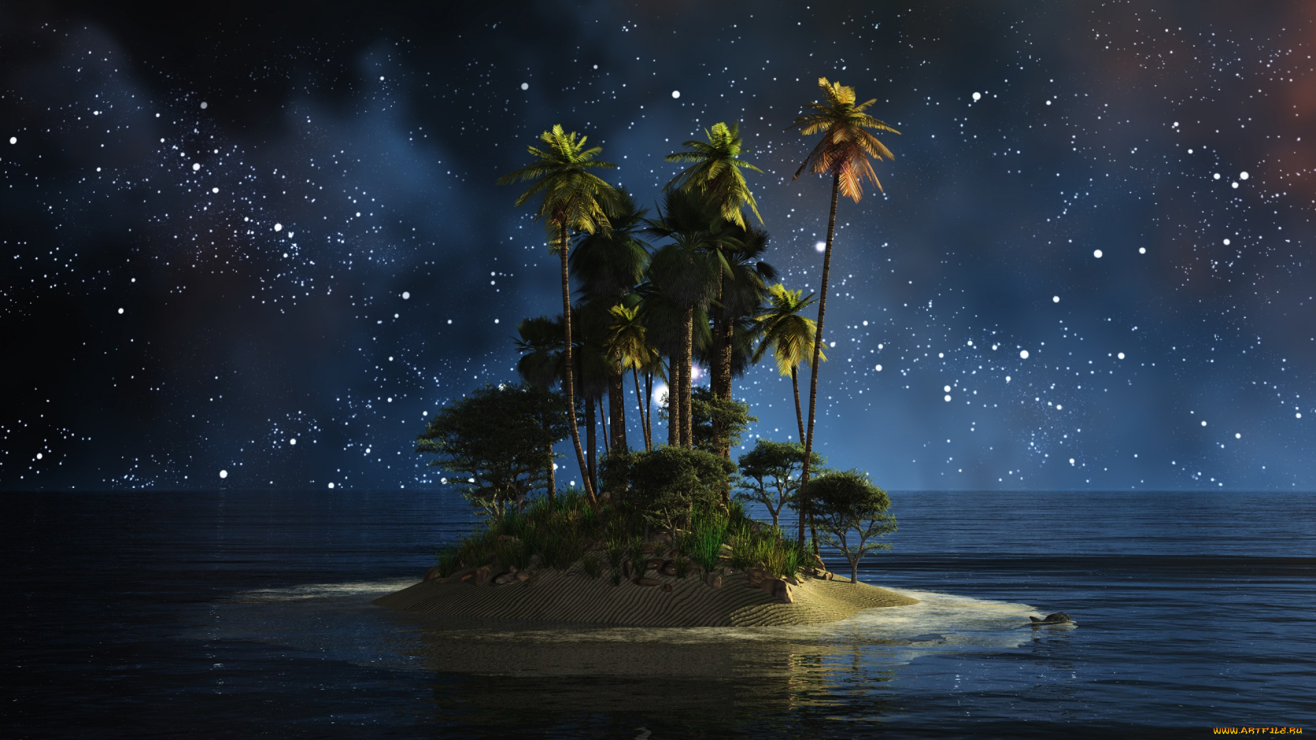 природа, тропики, остров, пальмы, ночь, вода