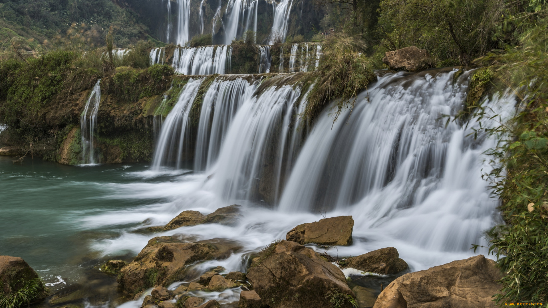 природа, водопады, водопад, река, лес