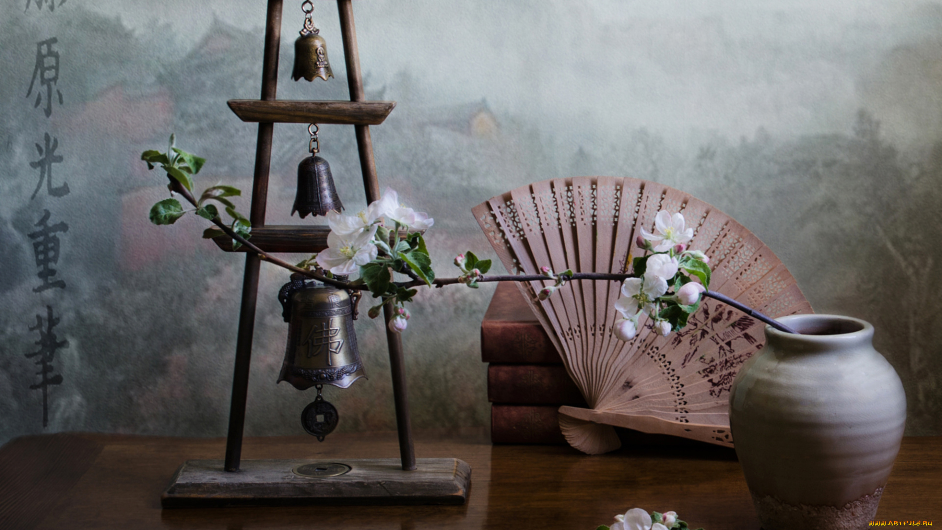 разное, -, другое, веер, колокольчики, ваза, ветка