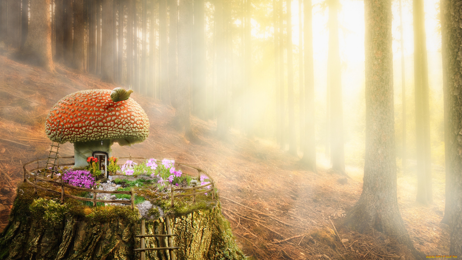 разное, компьютерный, дизайн, лес, гриб, пенек, домик