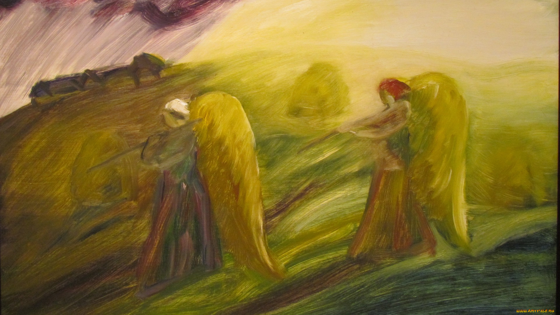 рисованное, живопись, женщины, туча, изба