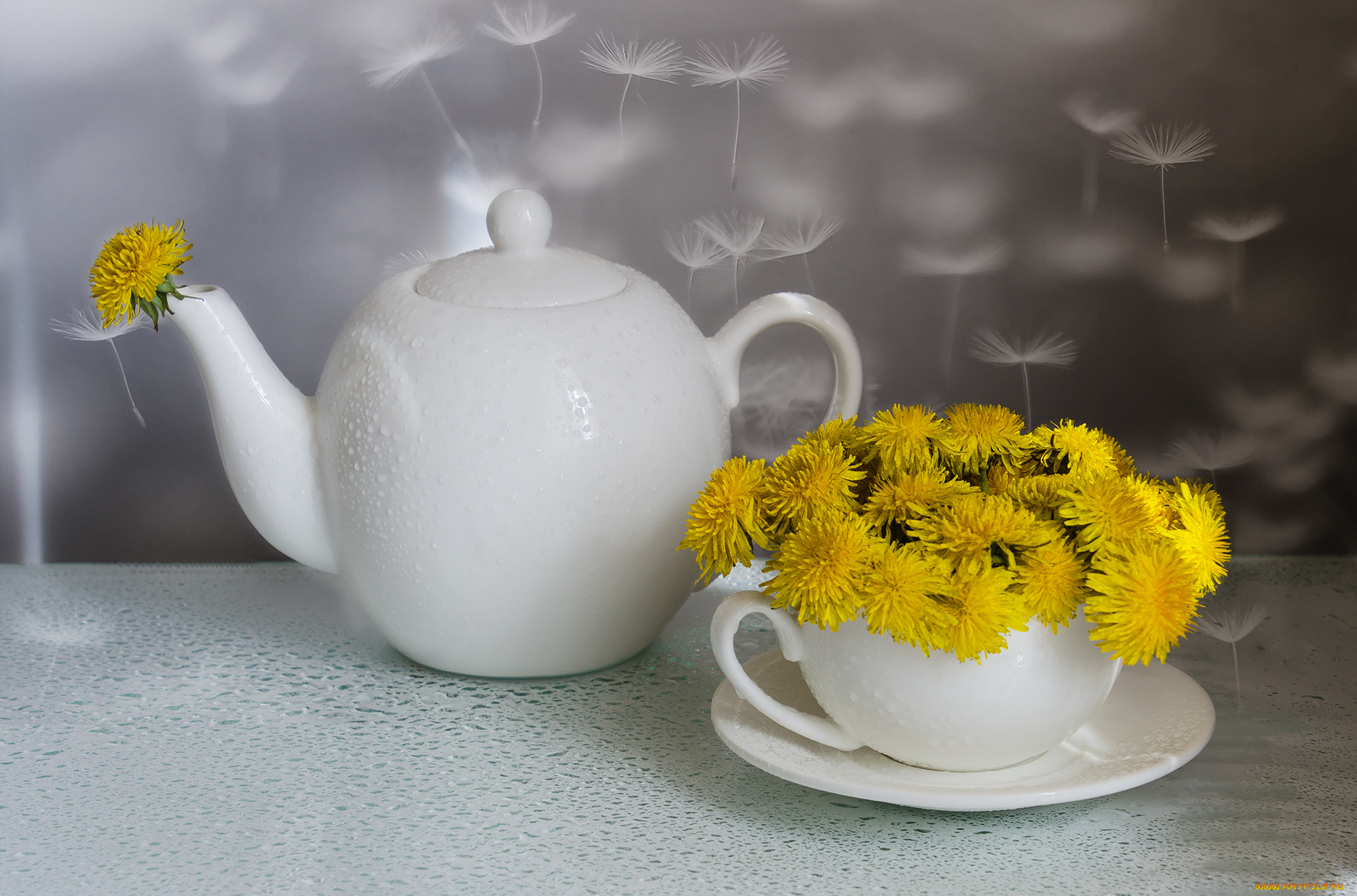 разное, посуда, , столовые, приборы, , кухонная, утварь, одуванчики, весна, утро