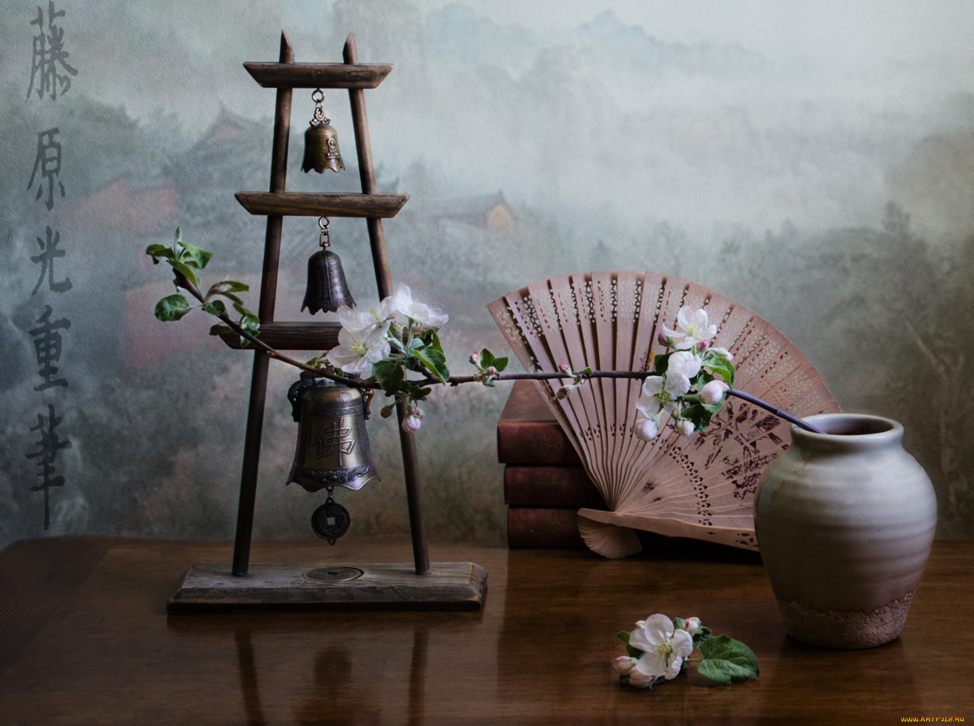 разное, -, другое, веер, колокольчики, ваза, ветка