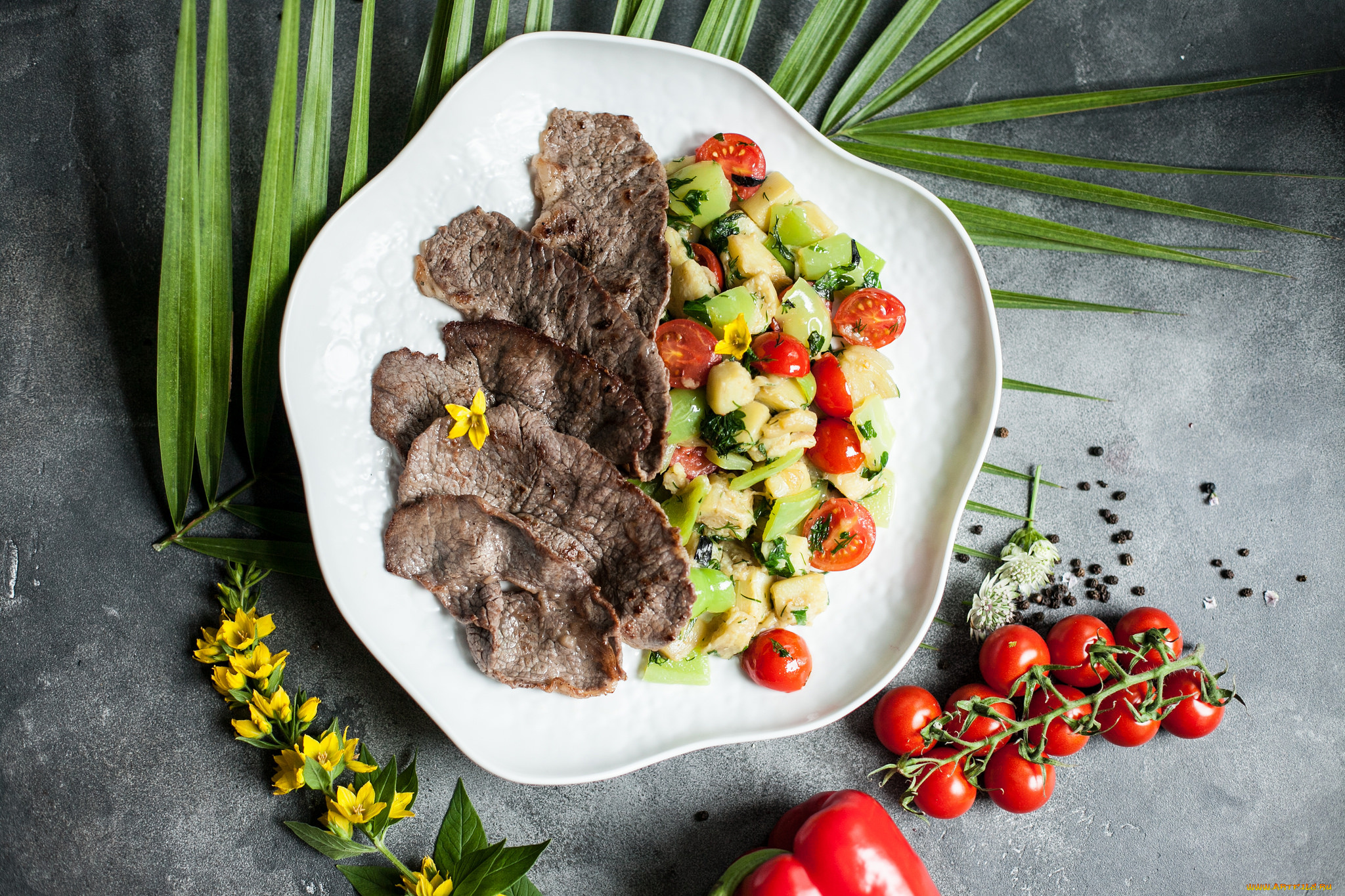 еда, вторые, блюда, томат, перец, салат, мясо, помидоры