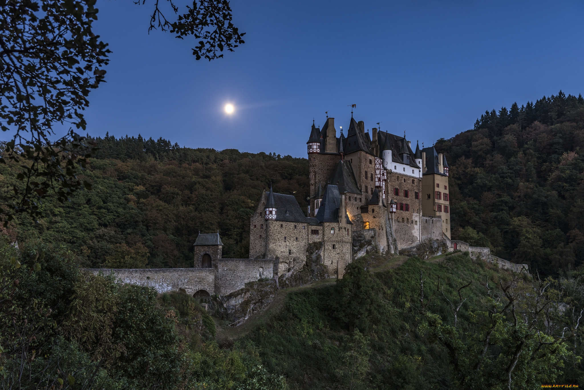 burg, eltz, города, замки, германии, замок, ночь
