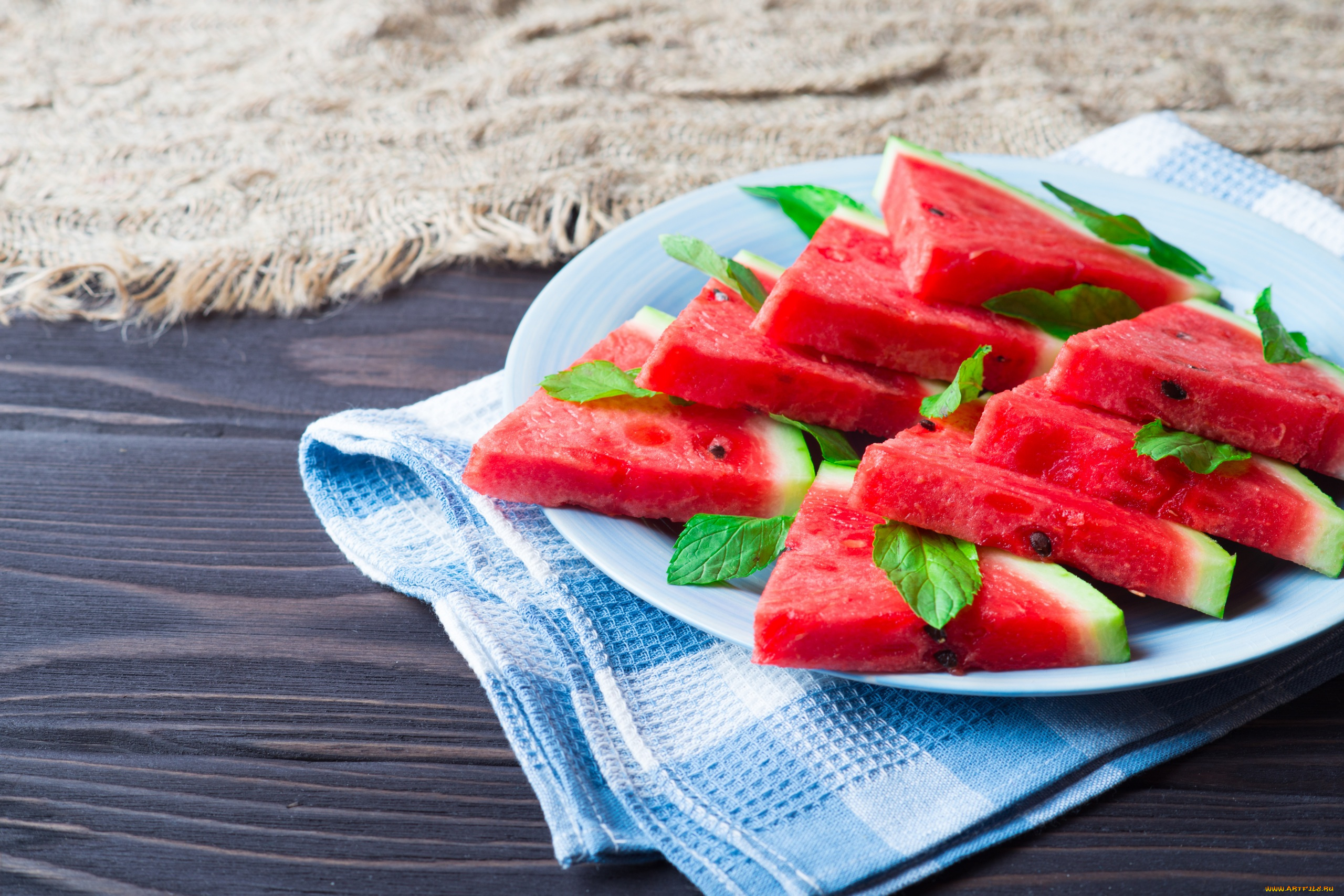 еда, арбуз, мята, дольки, салфетка