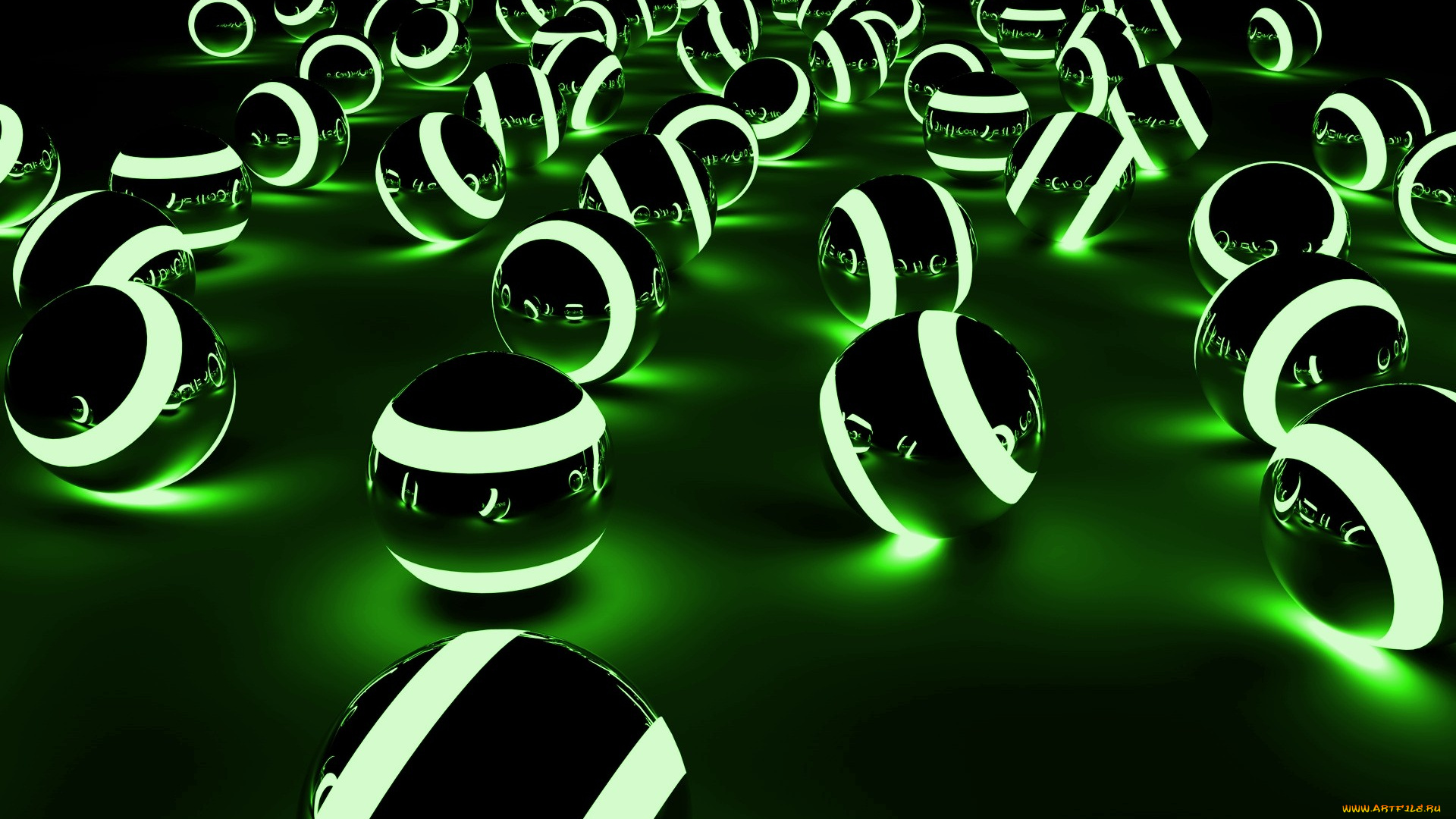 3д, графика, шары, , balls, шары, сферы, зеленые, полосы, свечение