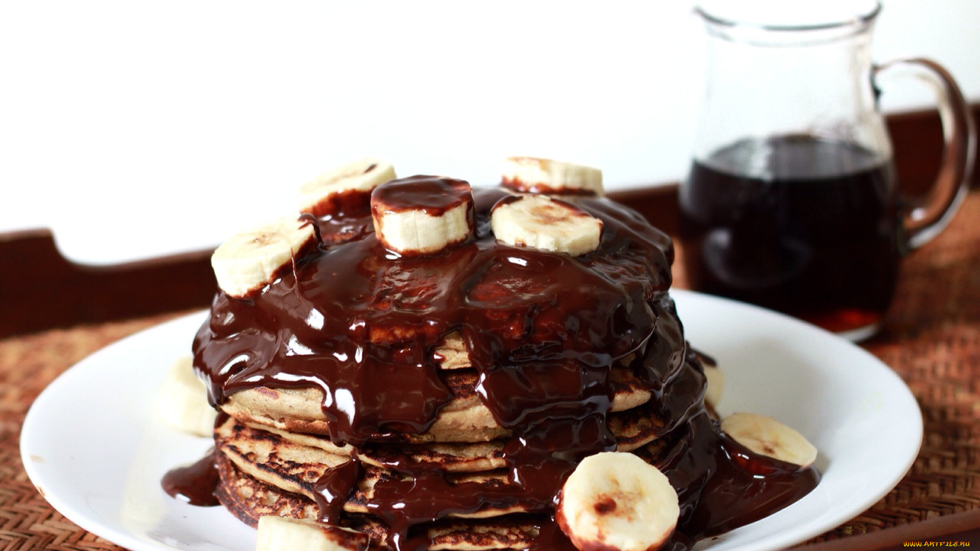 еда, блины, , оладьи, оладьи, банан, сироп