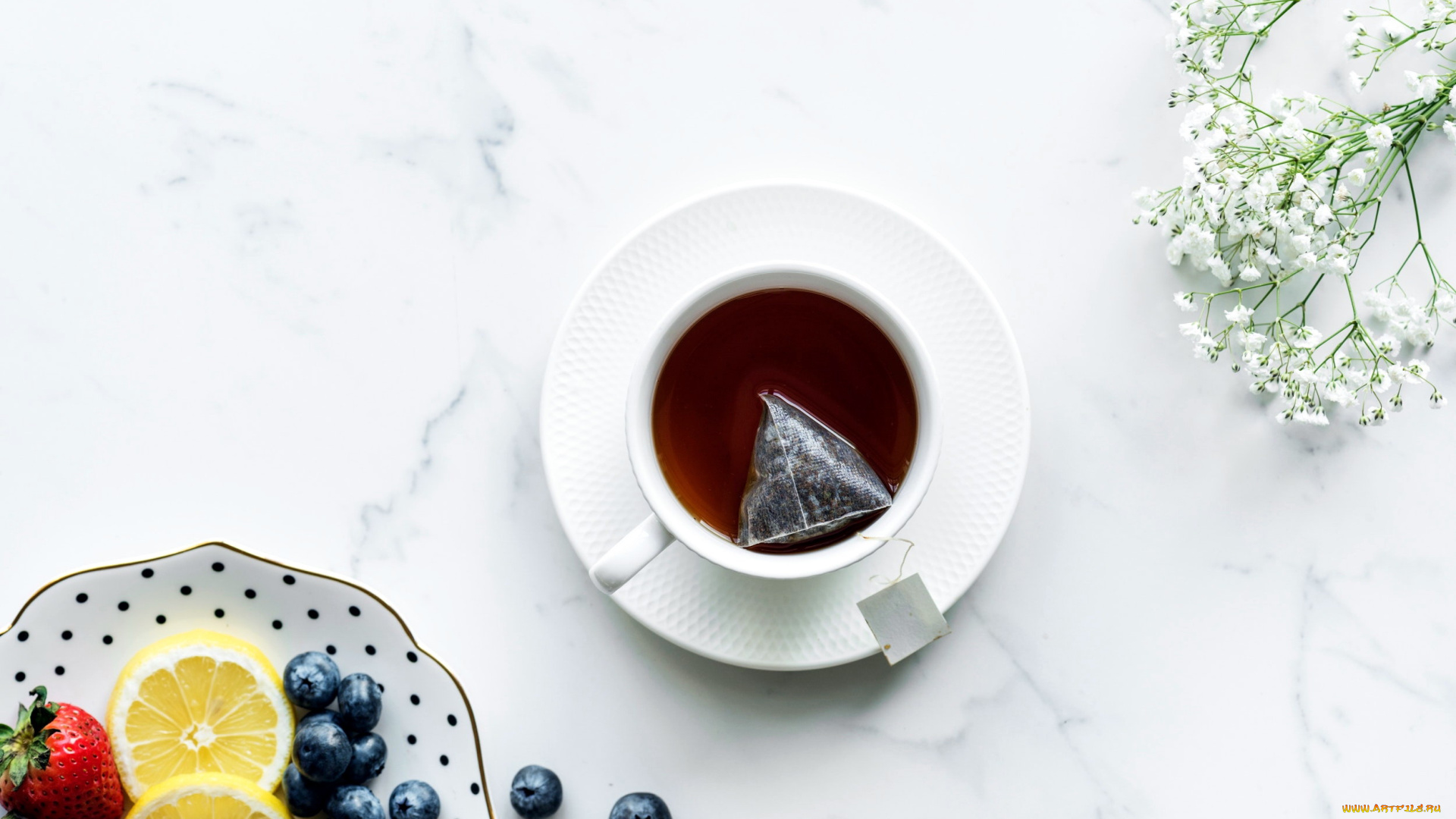 еда, напитки, , Чай, лимон, гипсофила, клубника, чай