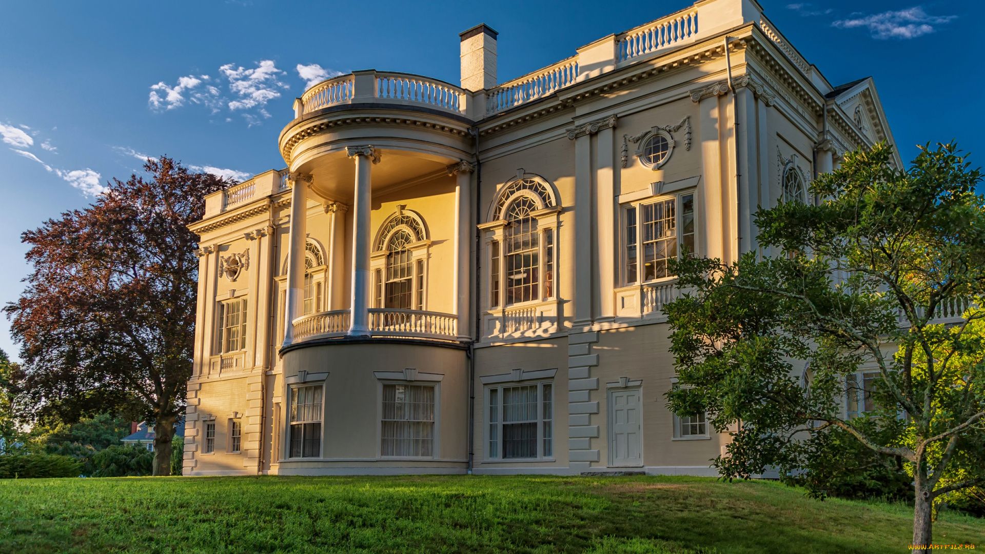 города, -, здания, , дома, зелень, небо, трава, солнце, облака, деревья, дом, газон, здание, сша, музей, danvers