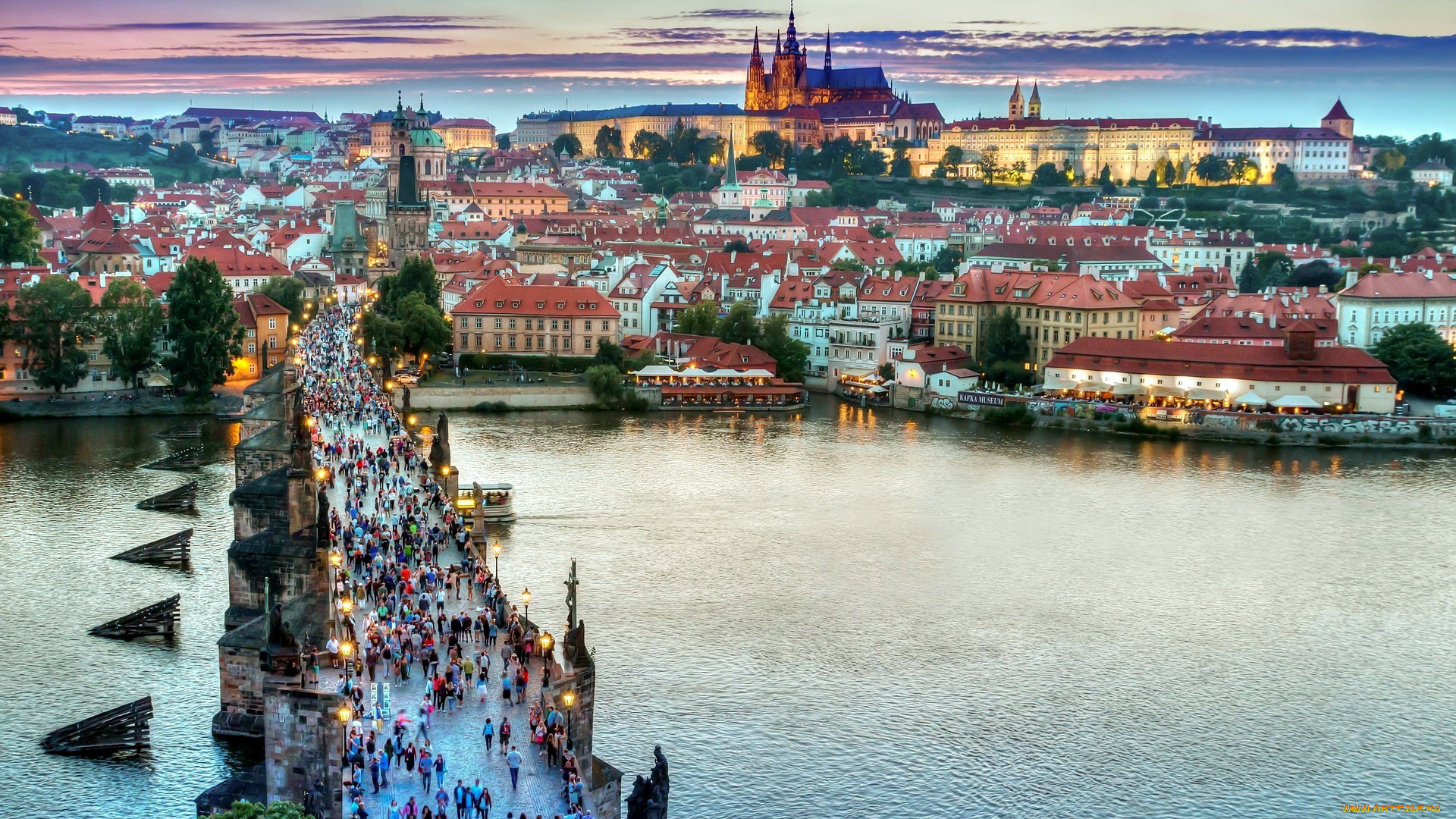 города, прага, , Чехия, мост, карлов, влтава