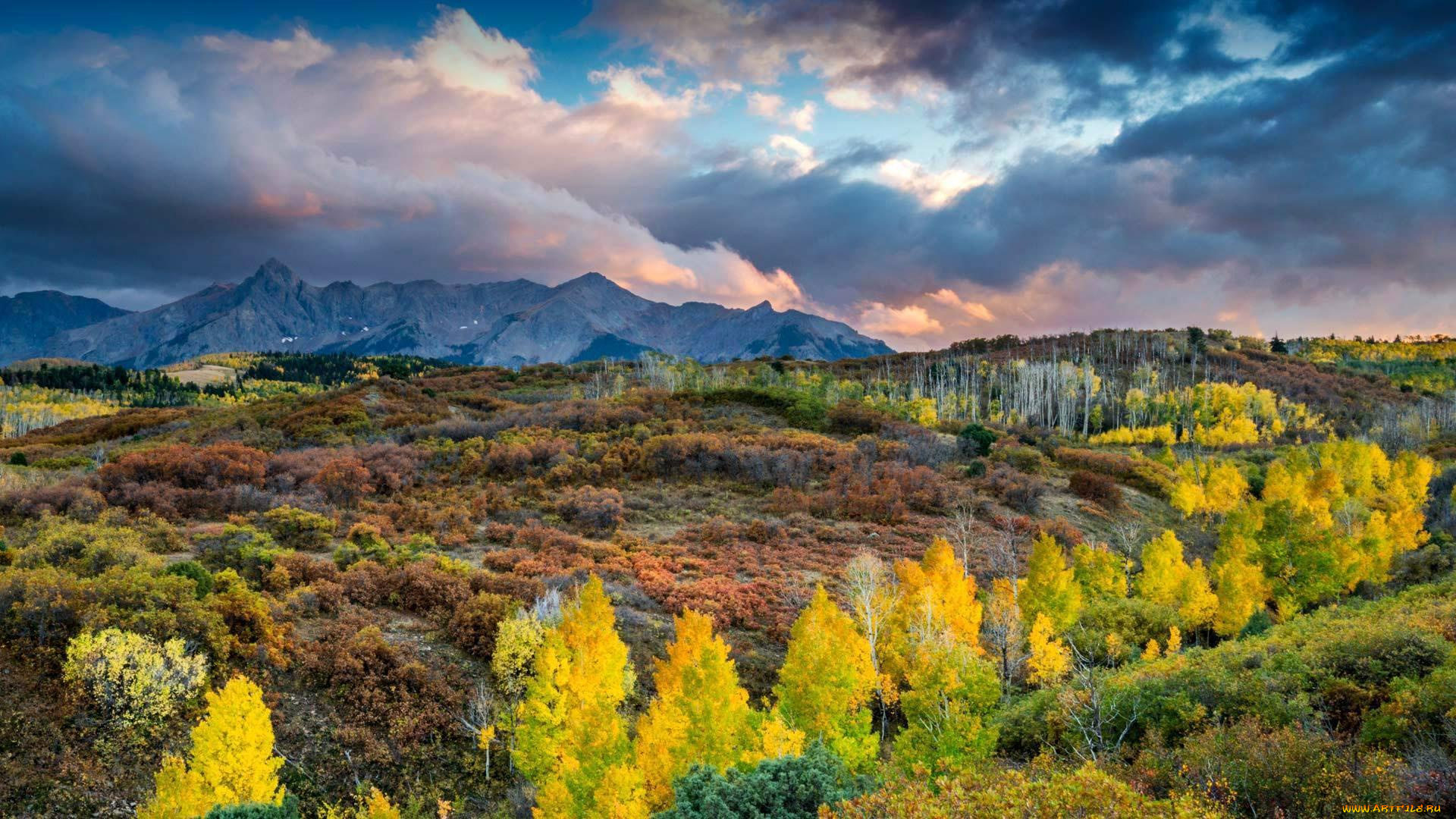 природа, горы, небо, тучи, осень, деревья, кусты