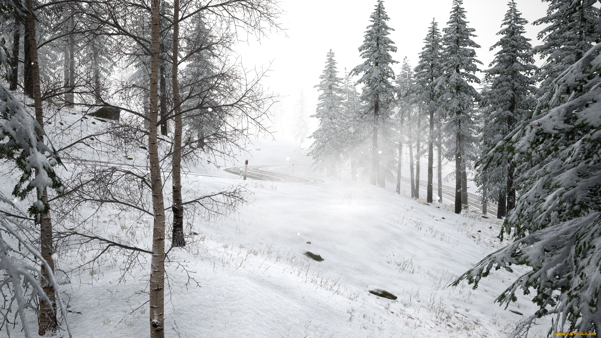 природа, зима, дорога, снег, лес