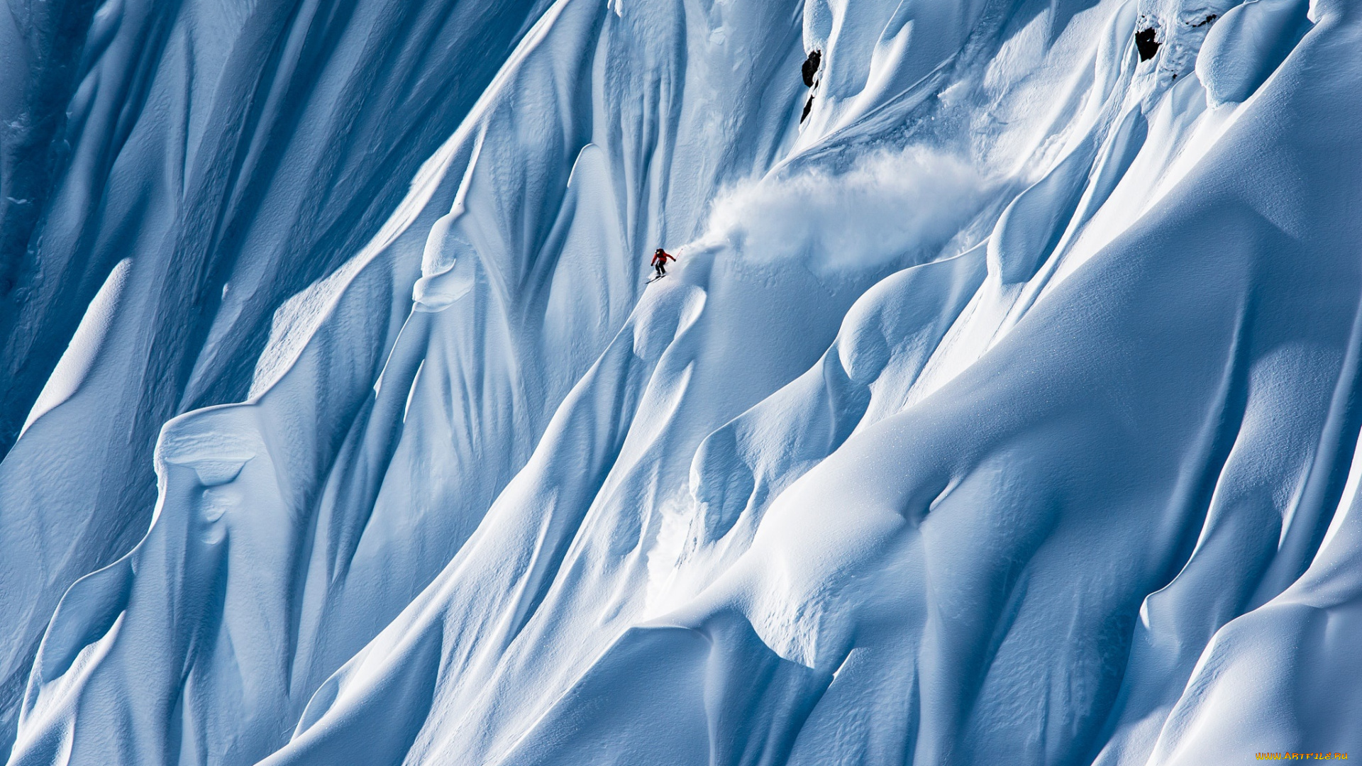 спорт, экстрим, горы, спуск, лыжник, снег, зима