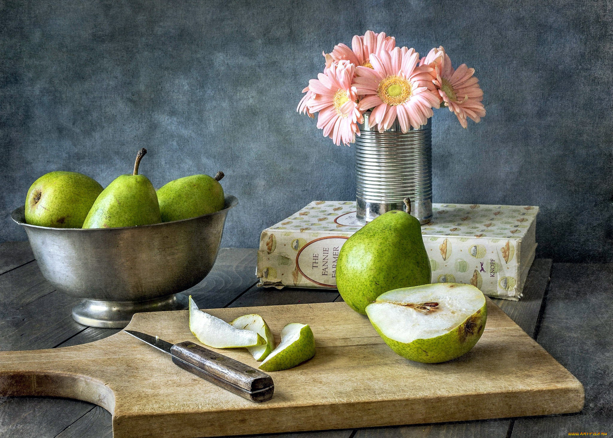 еда, груши, герберы