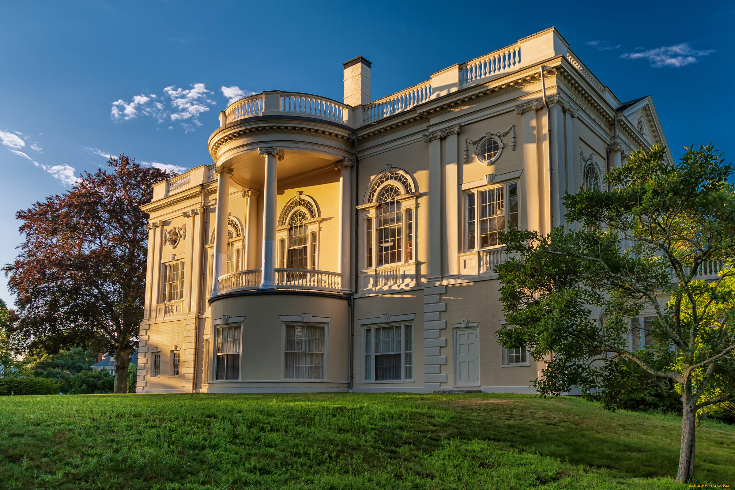 города, -, здания, , дома, зелень, небо, трава, солнце, облака, деревья, дом, газон, здание, сша, музей, danvers