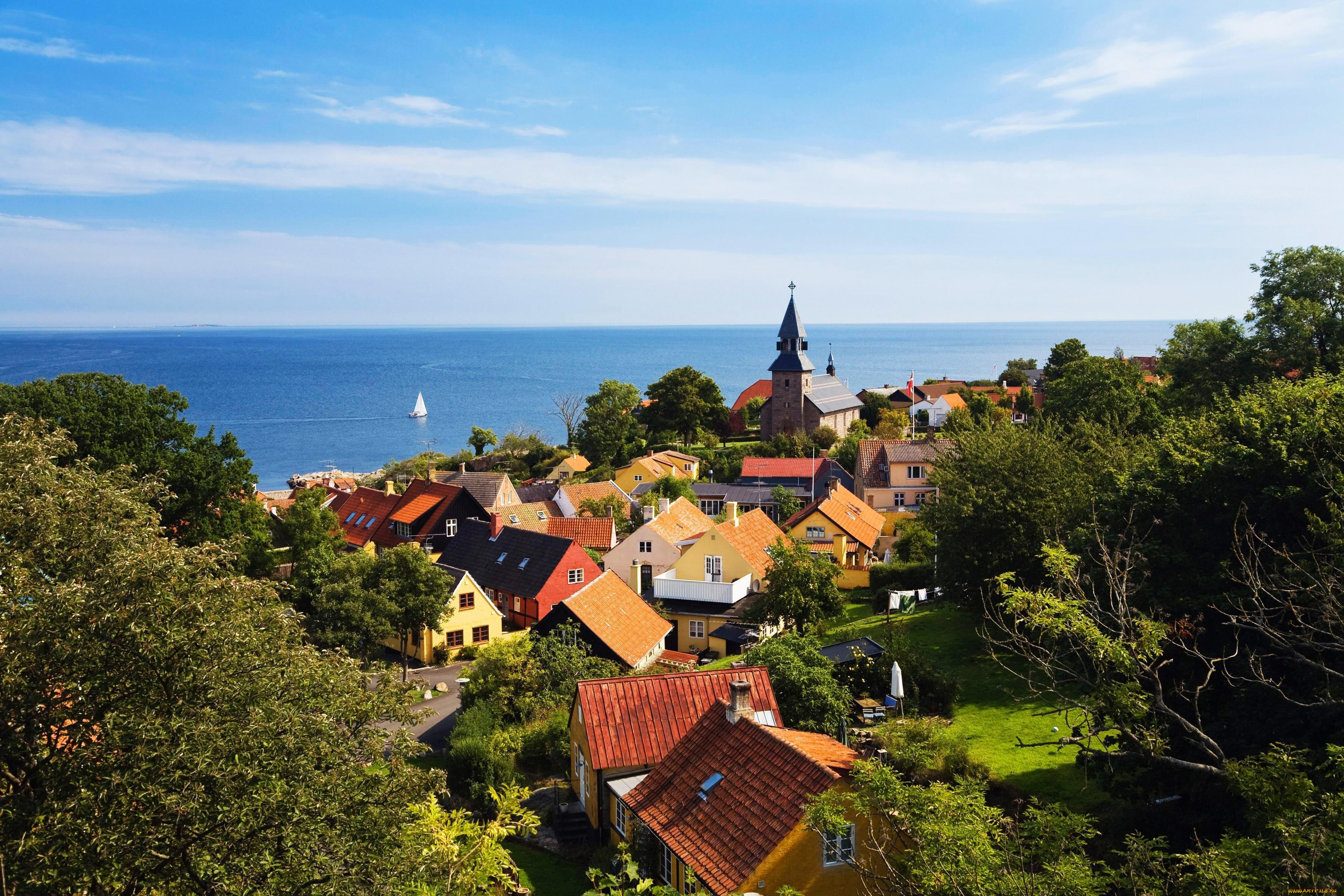 bornholm, города, -, панорамы, дания, горизонт, дома, море, деревья