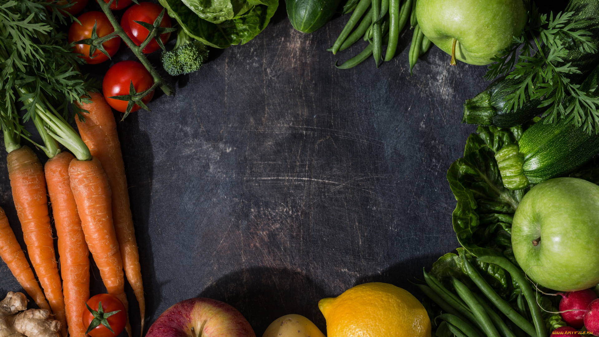 еда, фрукты, и, овощи, вместе, фрукты, зелень, фон, овощи