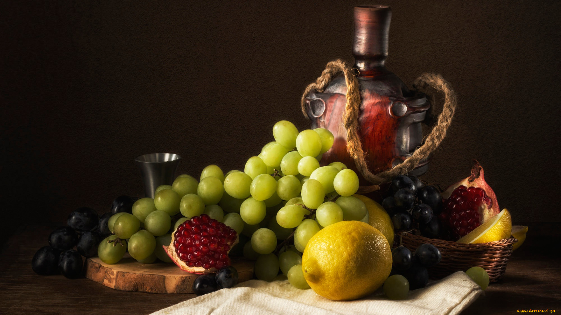 еда, натюрморт, лимон, виноград