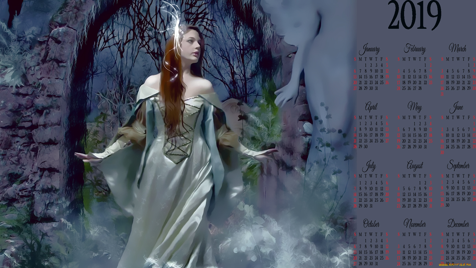 календари, фэнтези, женщина, calendar, 2019, архитектура, девушка, призрак, арка