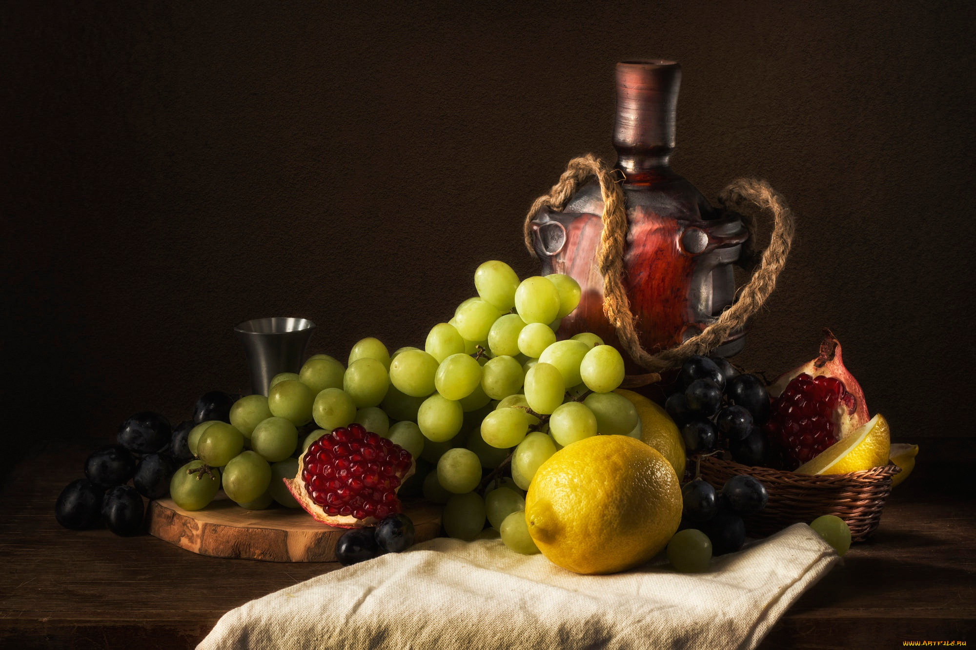 еда, натюрморт, лимон, виноград