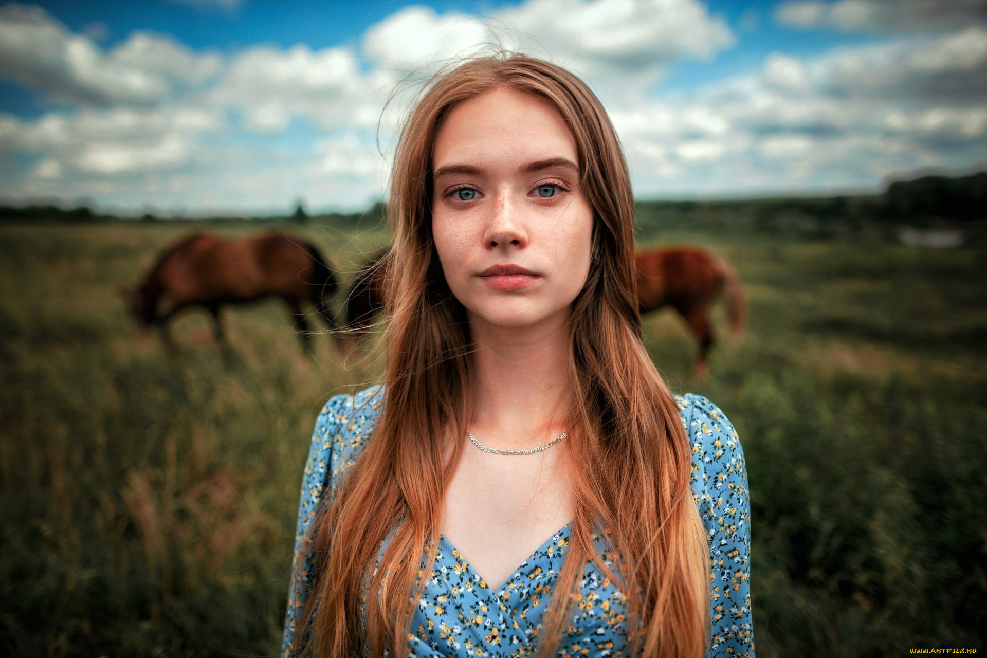 девушки, -, лица, , портреты, луг, рыженькая, декольте