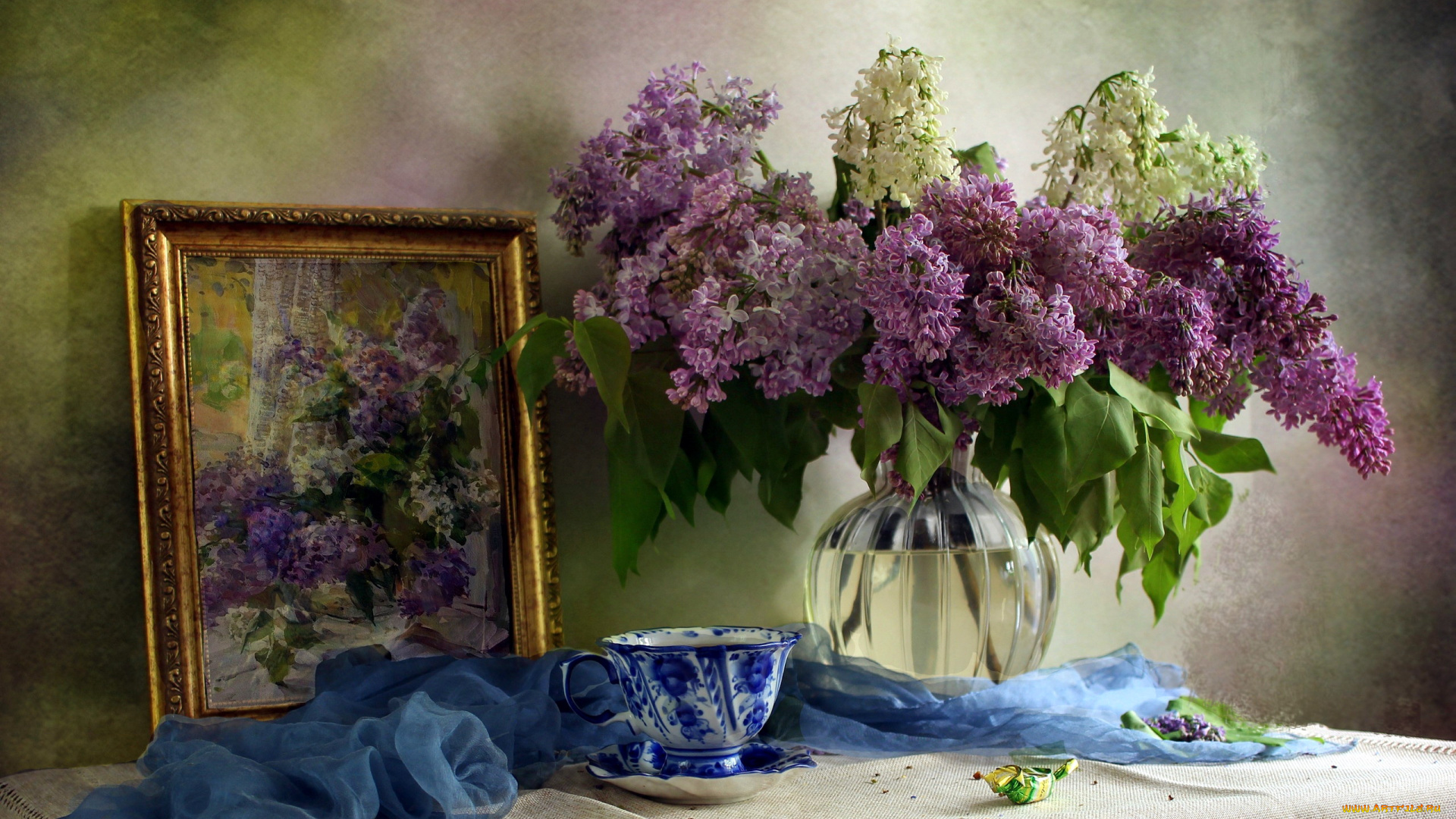цветы, сирень, ваза, букет, белая, лиловая, картина, чашка