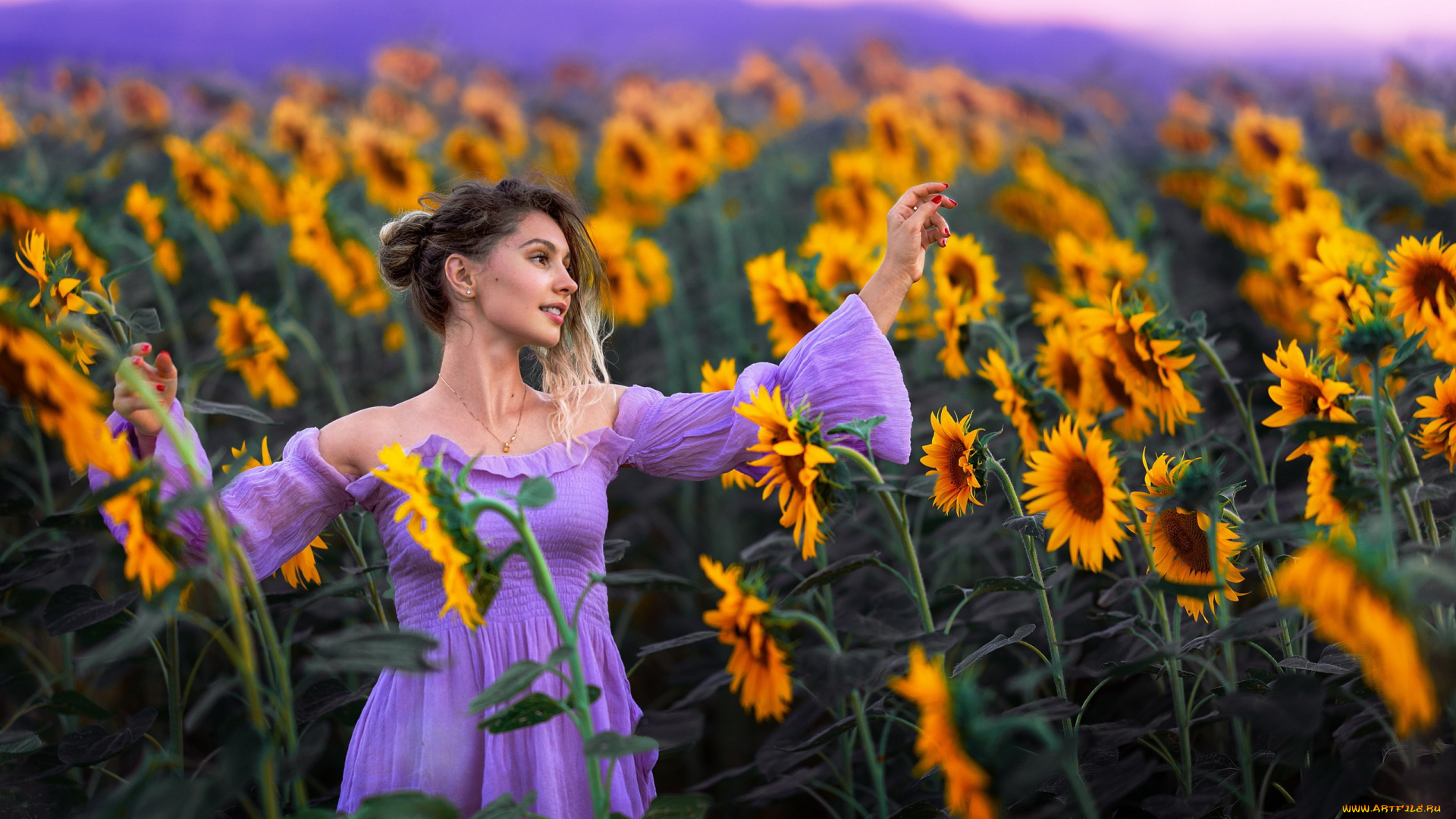 девушки, -, рыжеволосые, и, разноцветные, подсолнухи, лиловое, платье