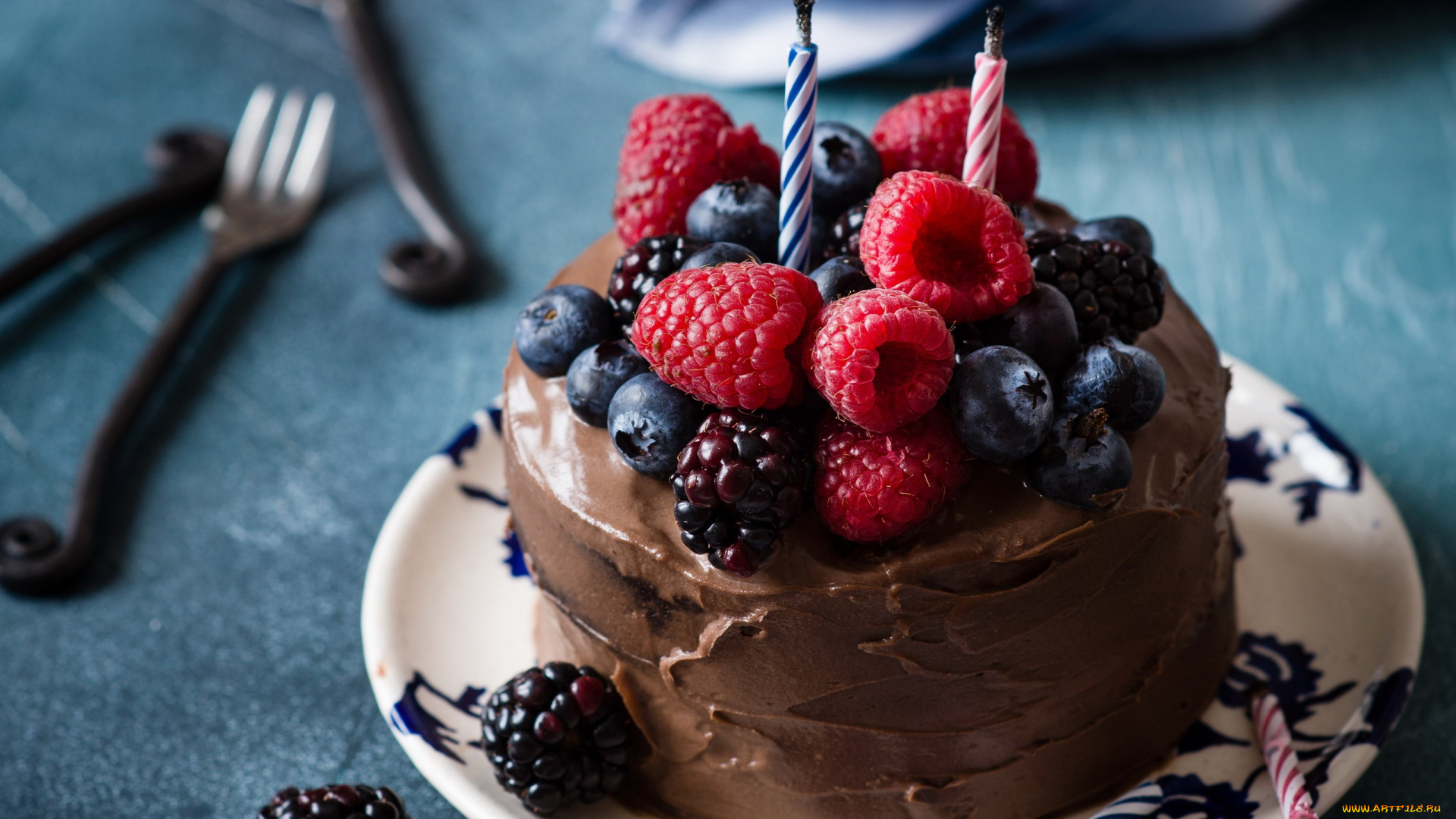 еда, торты, шоколадный, торт, малина, ежевика, свечи