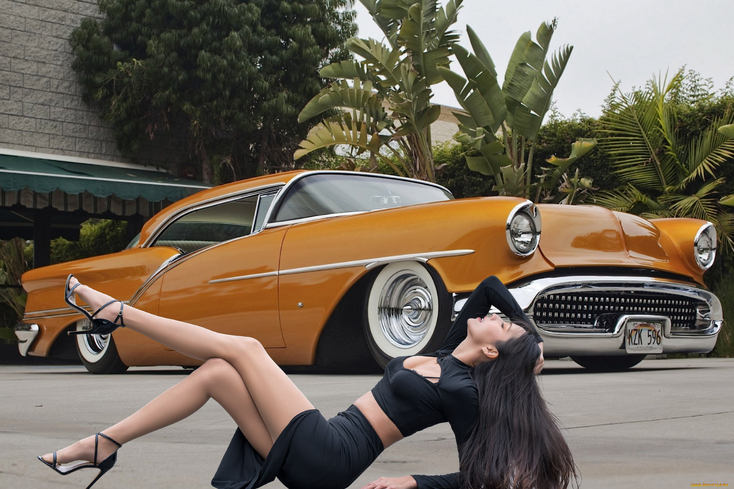 девушки, -, азиатки, ретроавтомобиль, азиатка, поза, шпильки