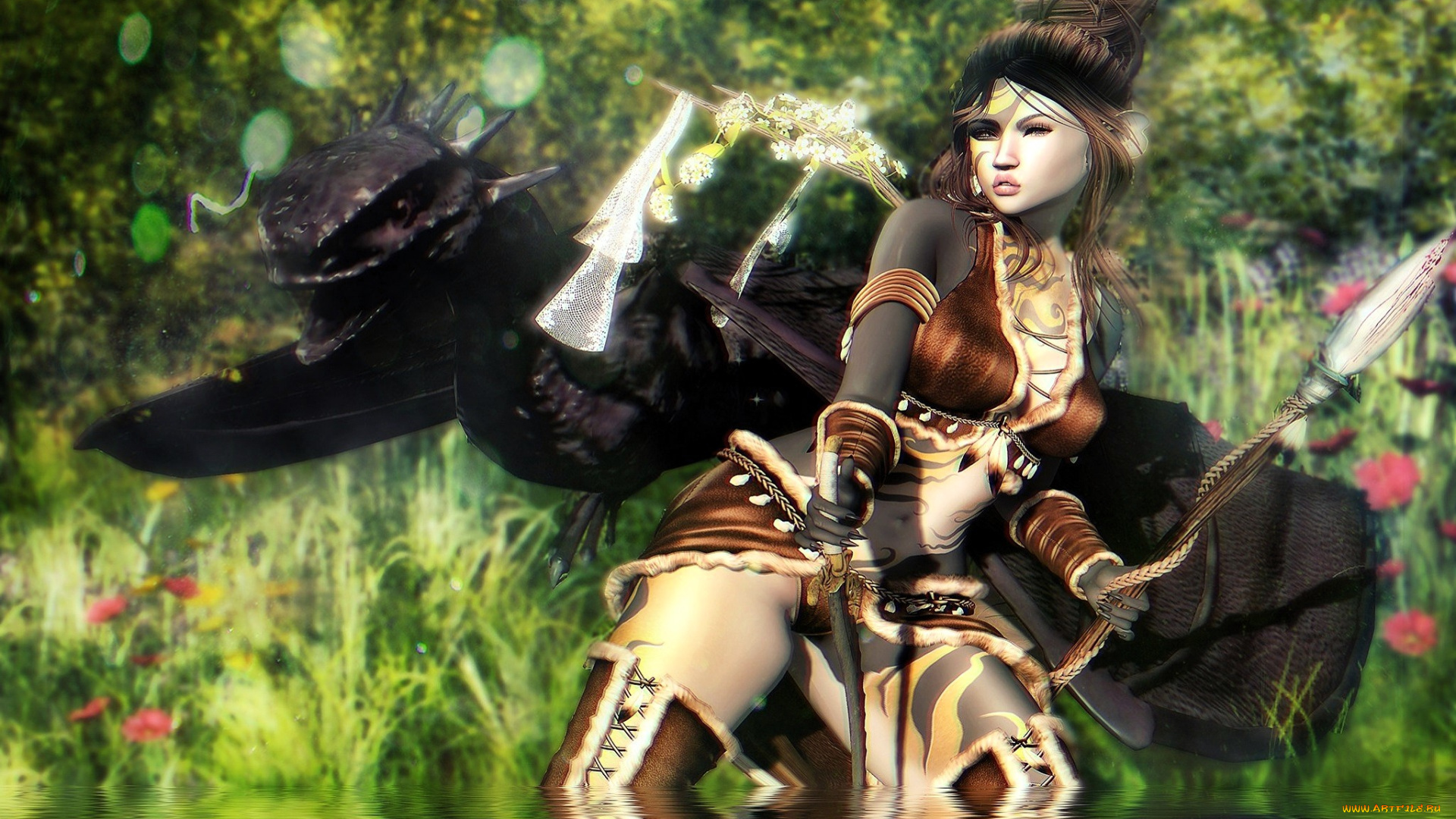 3д, графика, фантазия, , fantasy, девушка, копье, дракон, деревья, цветы, озеро