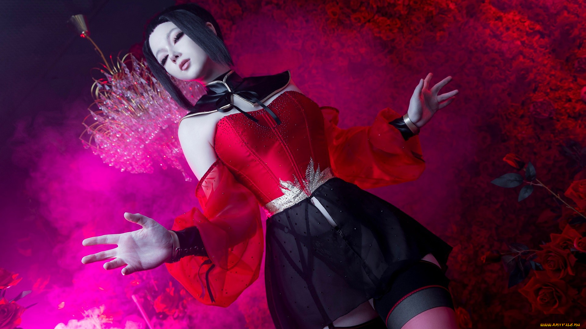 девушки, visagefox, образ, косплей, наряд, костюм, розы, люстра, дым