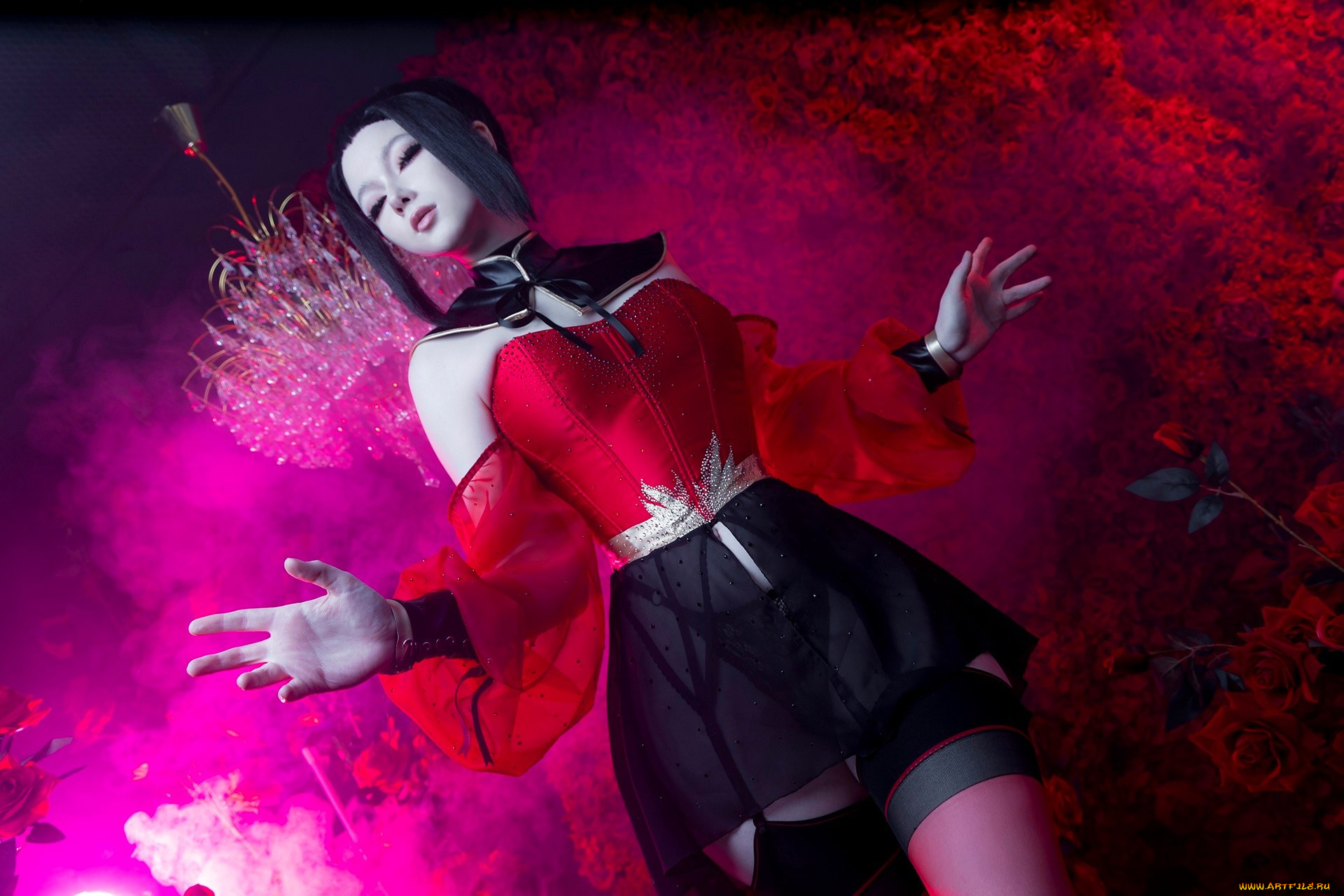девушки, visagefox, образ, косплей, наряд, костюм, розы, люстра, дым