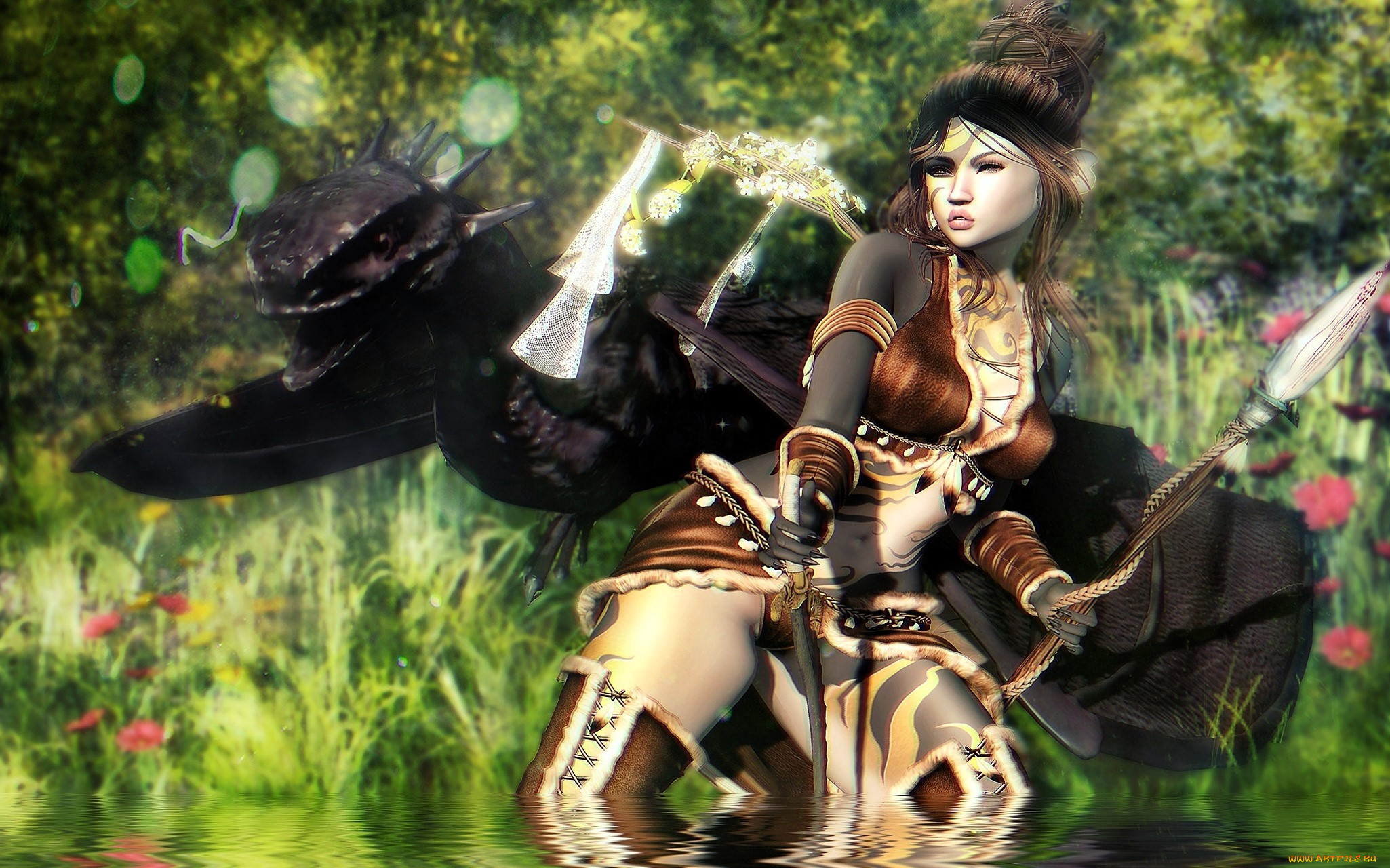 3д, графика, фантазия, , fantasy, девушка, копье, дракон, деревья, цветы, озеро