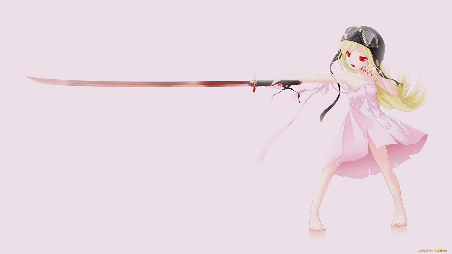 аниме, bakemonogatari, oshino, shinobu, девушка, платье, шлем, катана, оружие