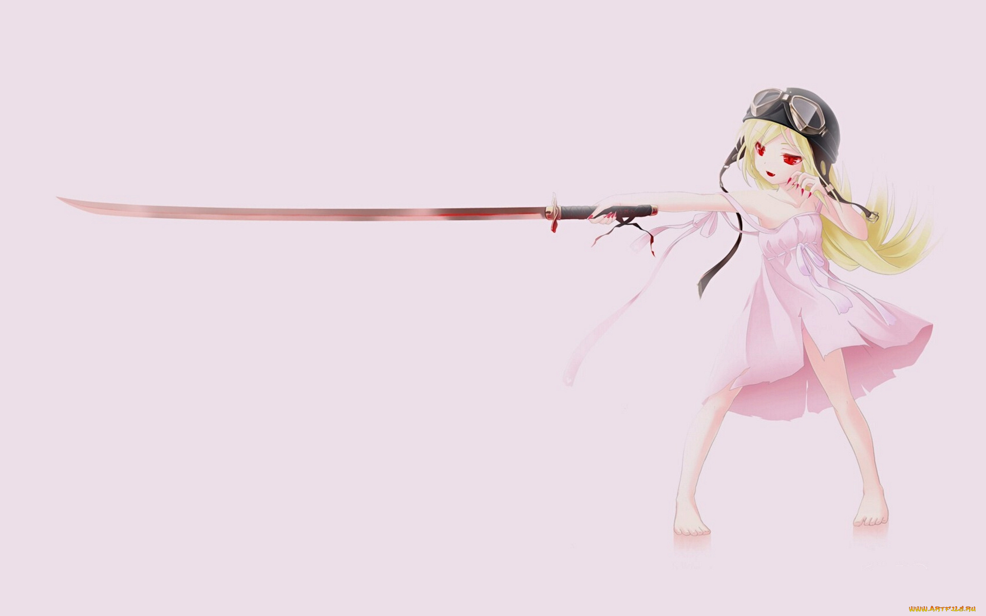 аниме, bakemonogatari, oshino, shinobu, девушка, платье, шлем, катана, оружие