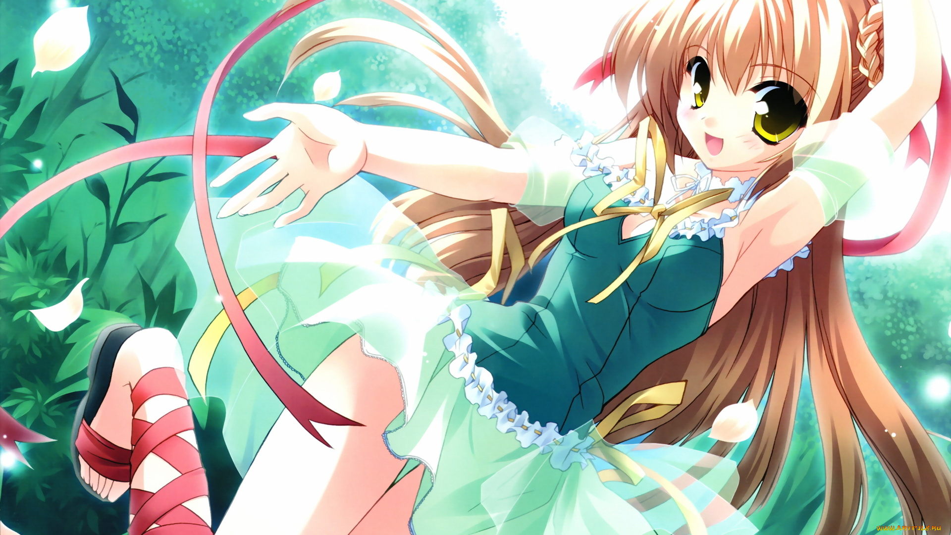 аниме, lotus, трава, платье, ленточки, девушка, лепестки