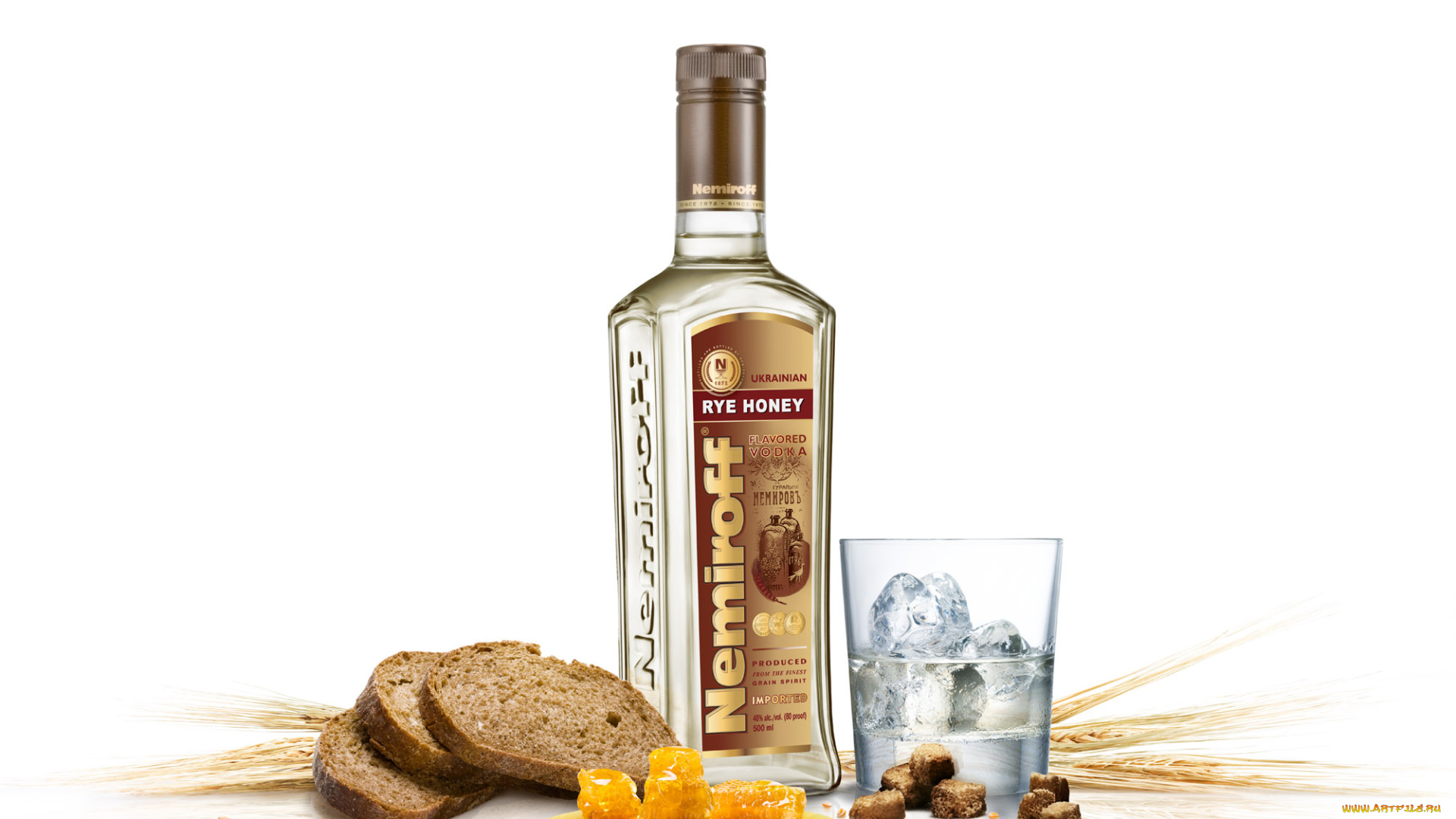 бренды, nemiroff, стакан, водка, хлеб, мед, лед, колоски