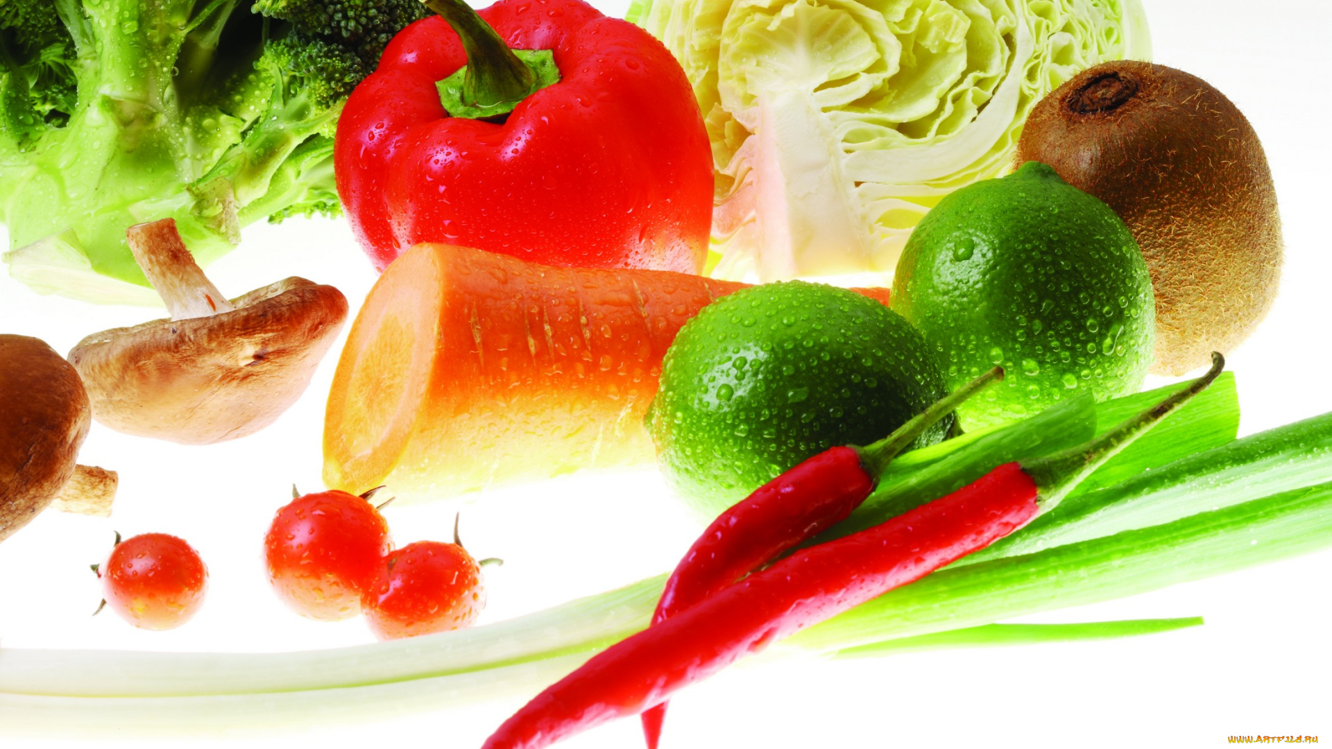 еда, разное, овощи, болгарский, перец, киви, лайм, красный, брокколи, капуста, помидоры, черри, фрукты, грибы, зелёный, лук, томаты