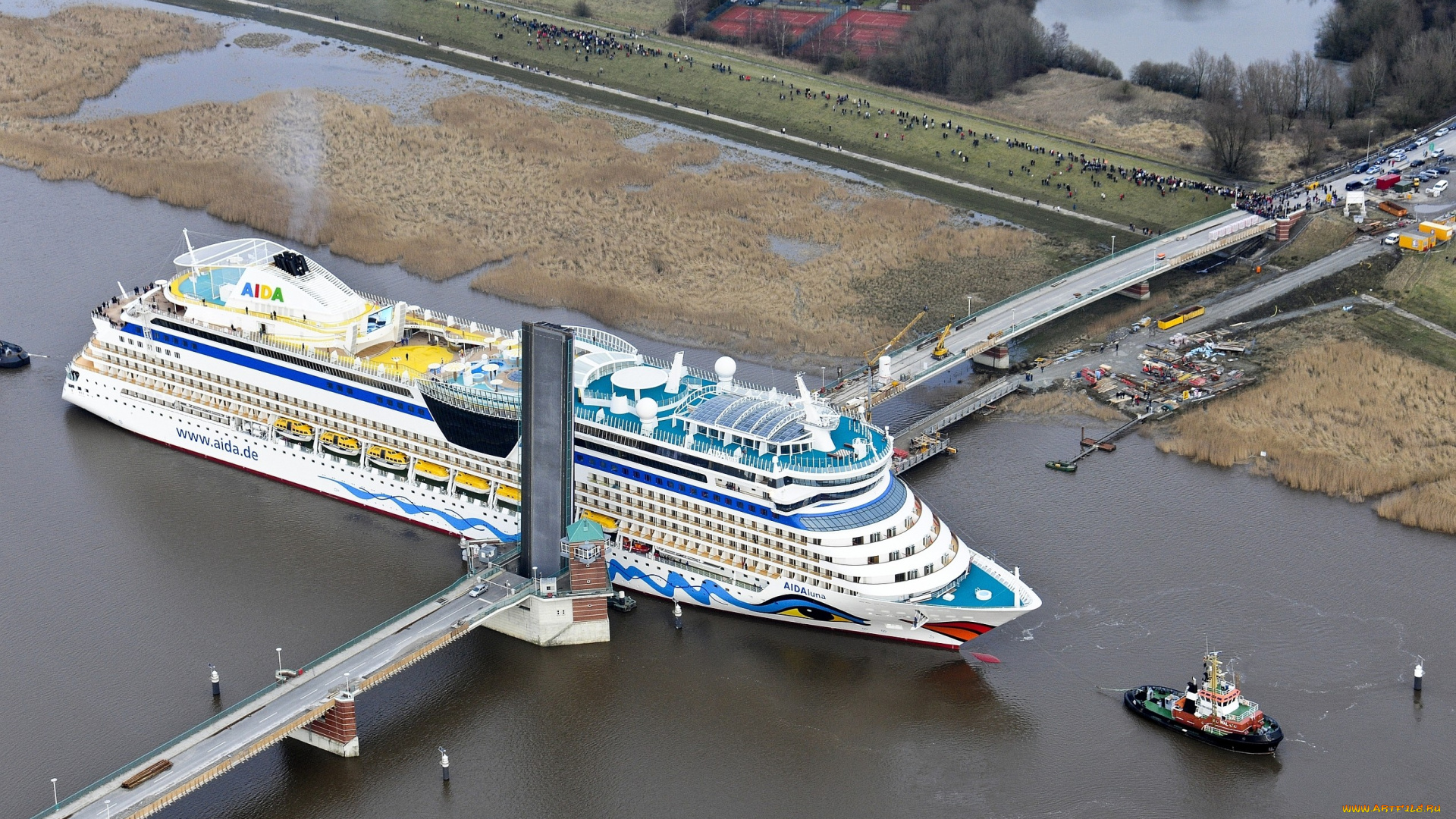 корабли, лайнеры, мост, круиз, большой, река, буксир